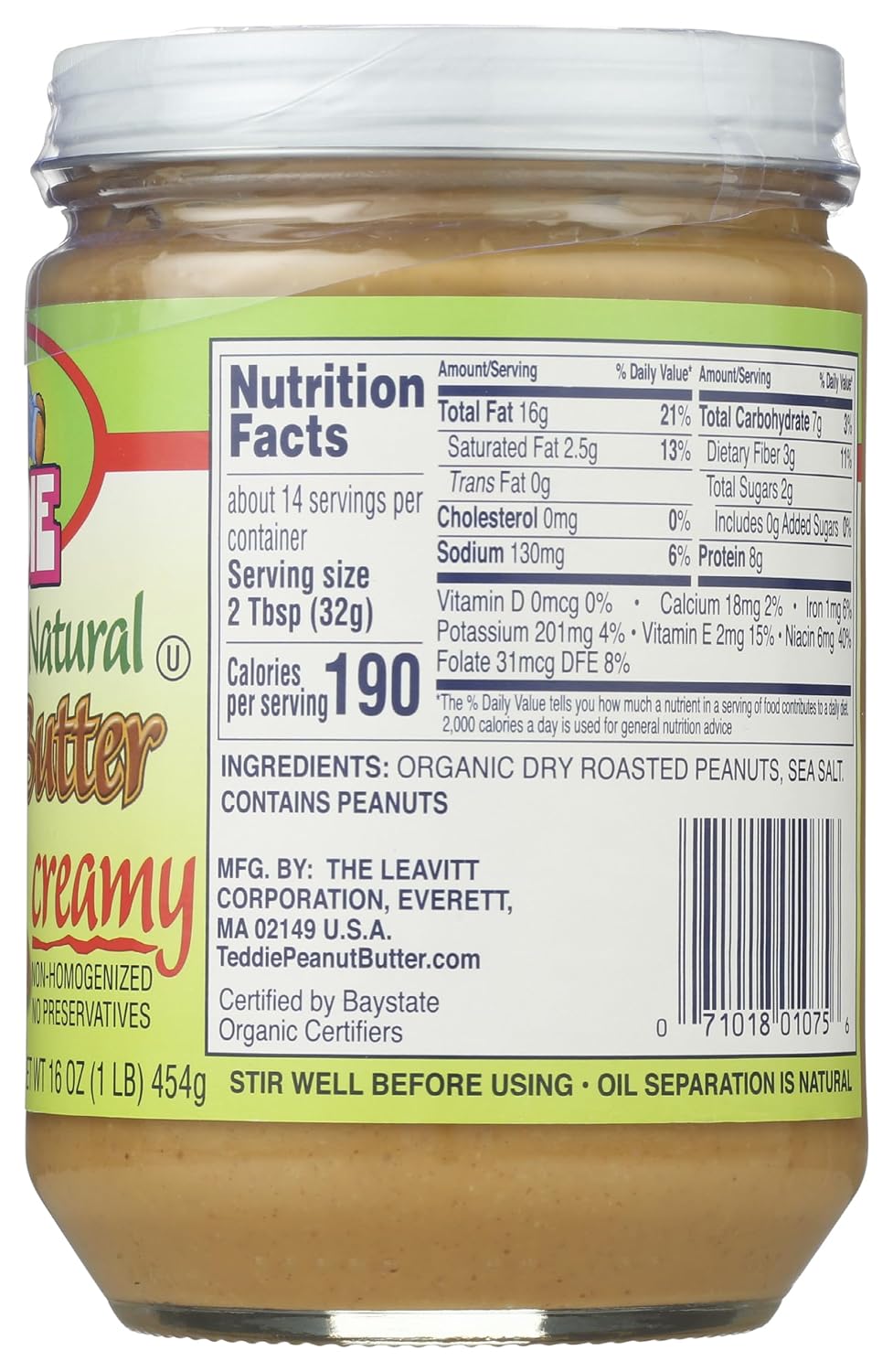 Teddie All Natural Peanut Butter, Smooth Organic, Gluten Free & Vegan, 16 Ounce Glass (Smooth - Organic, Pack of 1)
