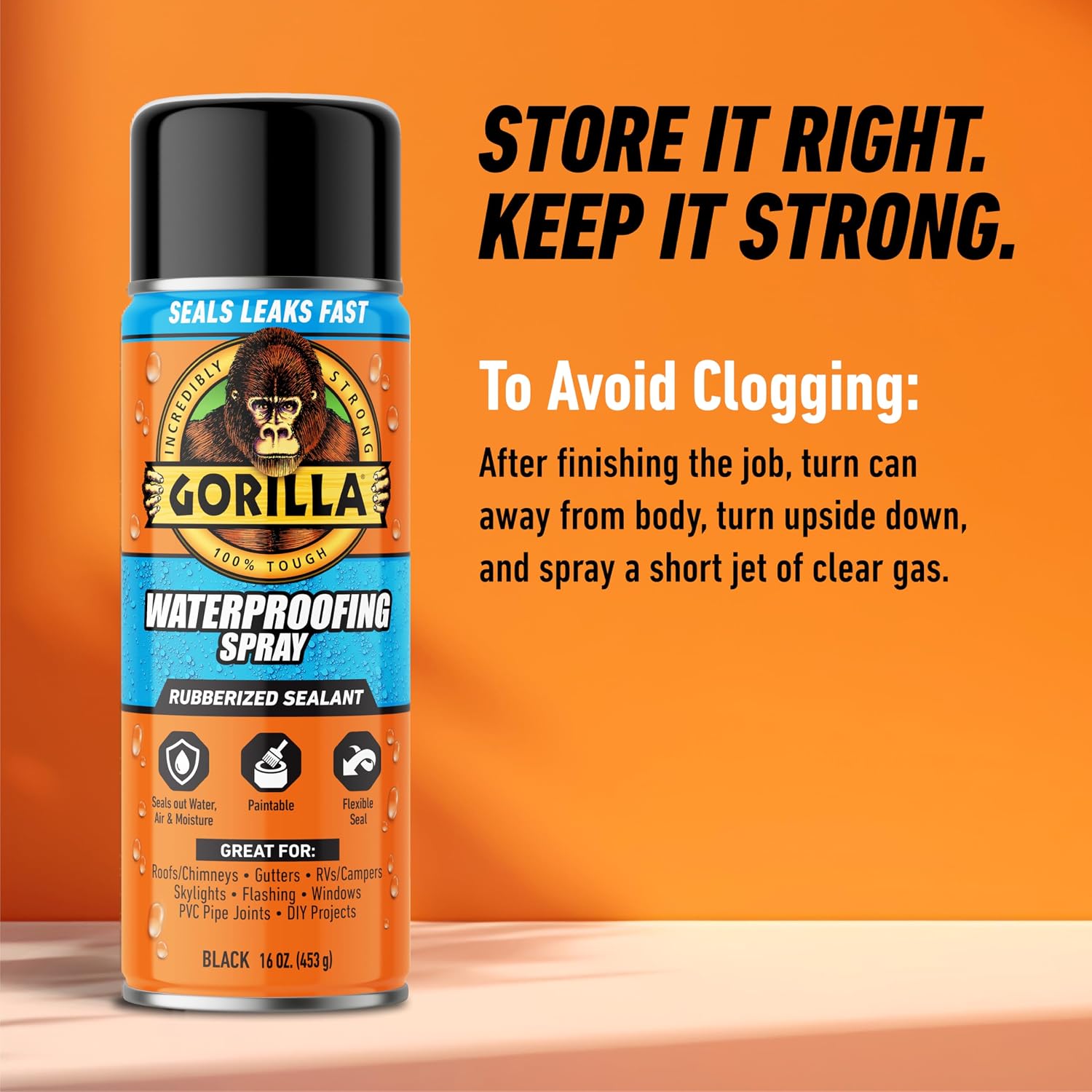 Gorilla Waterproofing Spray, Black, 16 oz, Flexible Rubberized Sealant