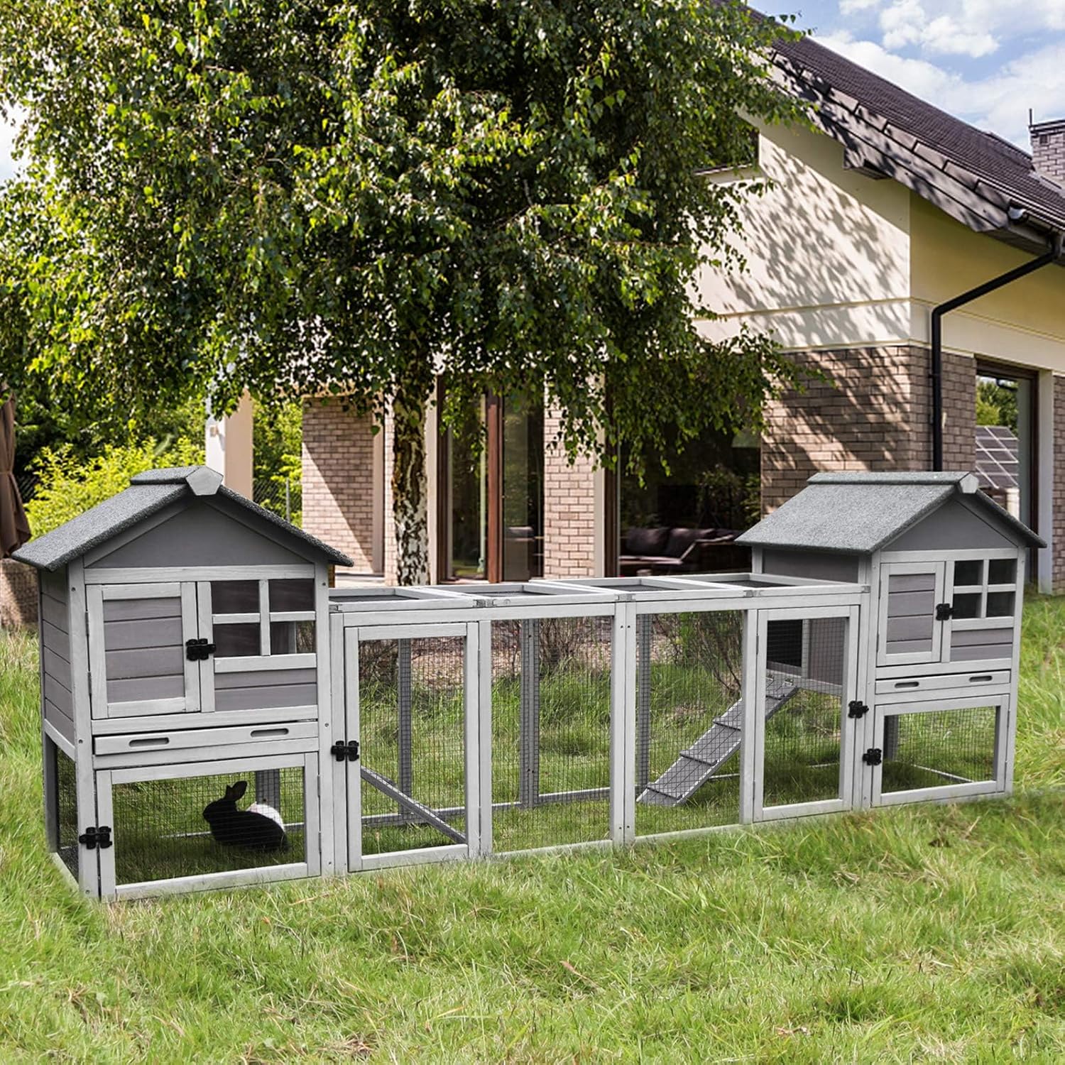 Aivituvin 103.2" L Rabbit Hutch Indoor Outdoor Bunny Cage with Run,Guinea Pig House Pull Out Upper Tray (103.2" L x 25.2" W x 36.2" H, Grey-2 Sets)