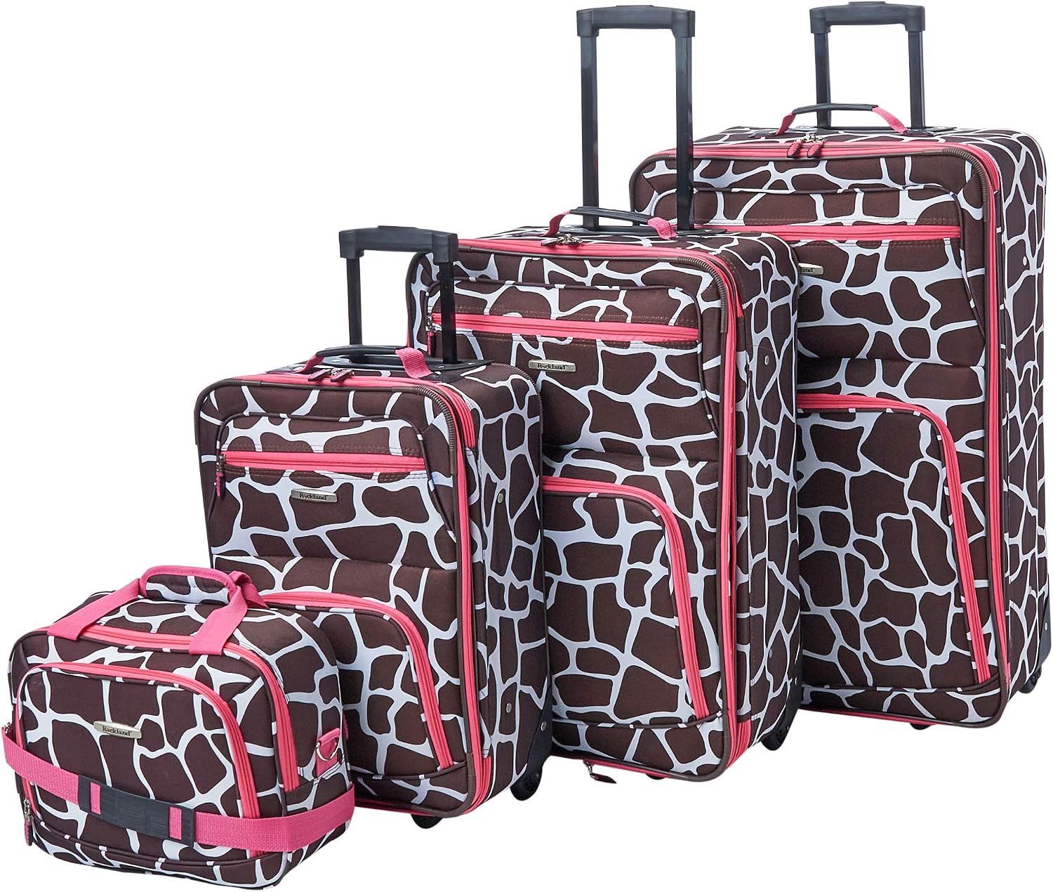 Rockland Fashion Softside Upright Luggage Set,Expandable, Telescopic Handle, Wheel, Black Dot, 2-Piece (14/19)