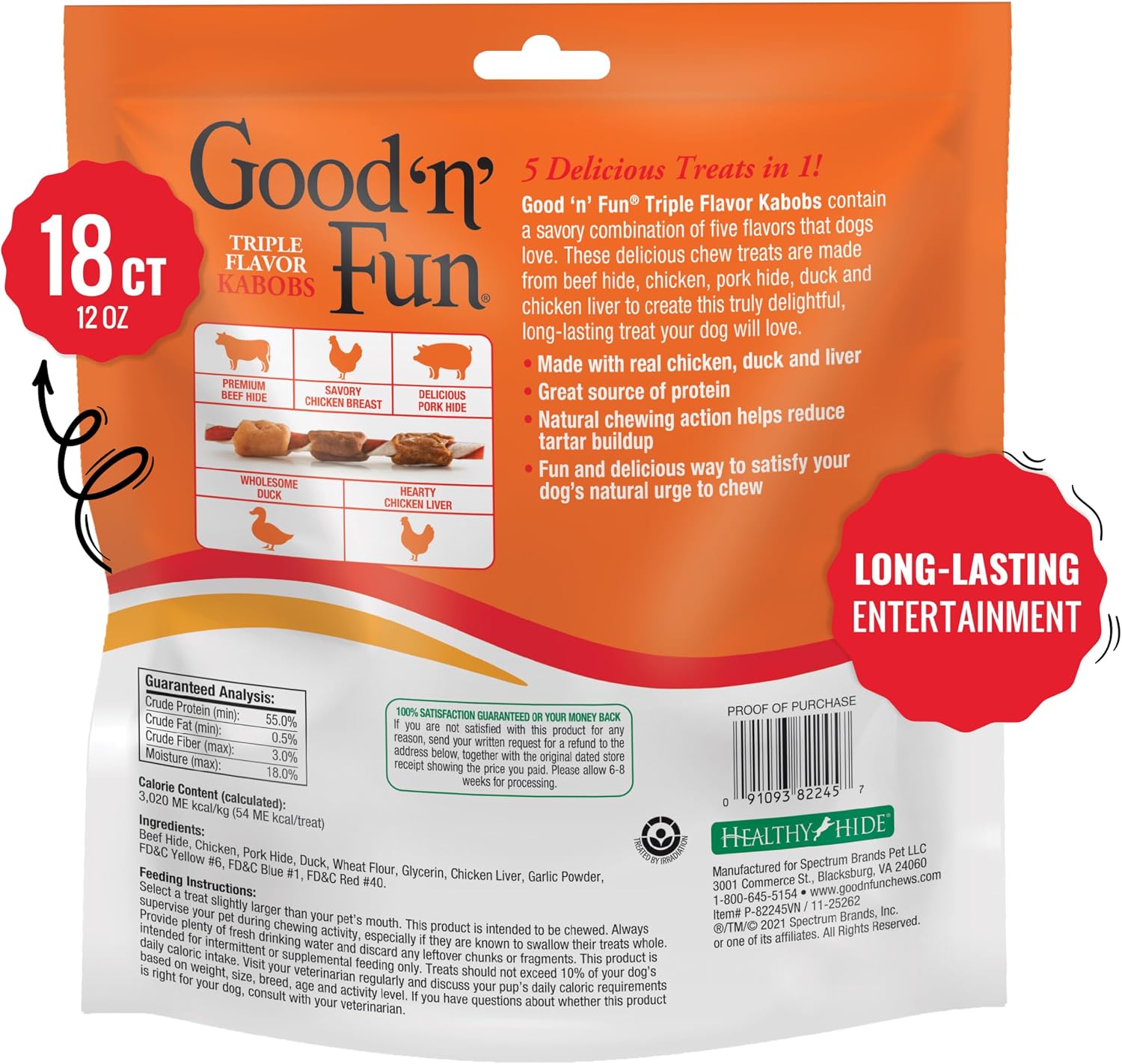 Good 'n' Fun Kabobs Long-Lasting Dog Treat Made With Real Protein, 18 Count | Premium Chicken, Pork and Beef Hide Chew, Supports Dental Health and Mental Stimulation, For Adult Dogs