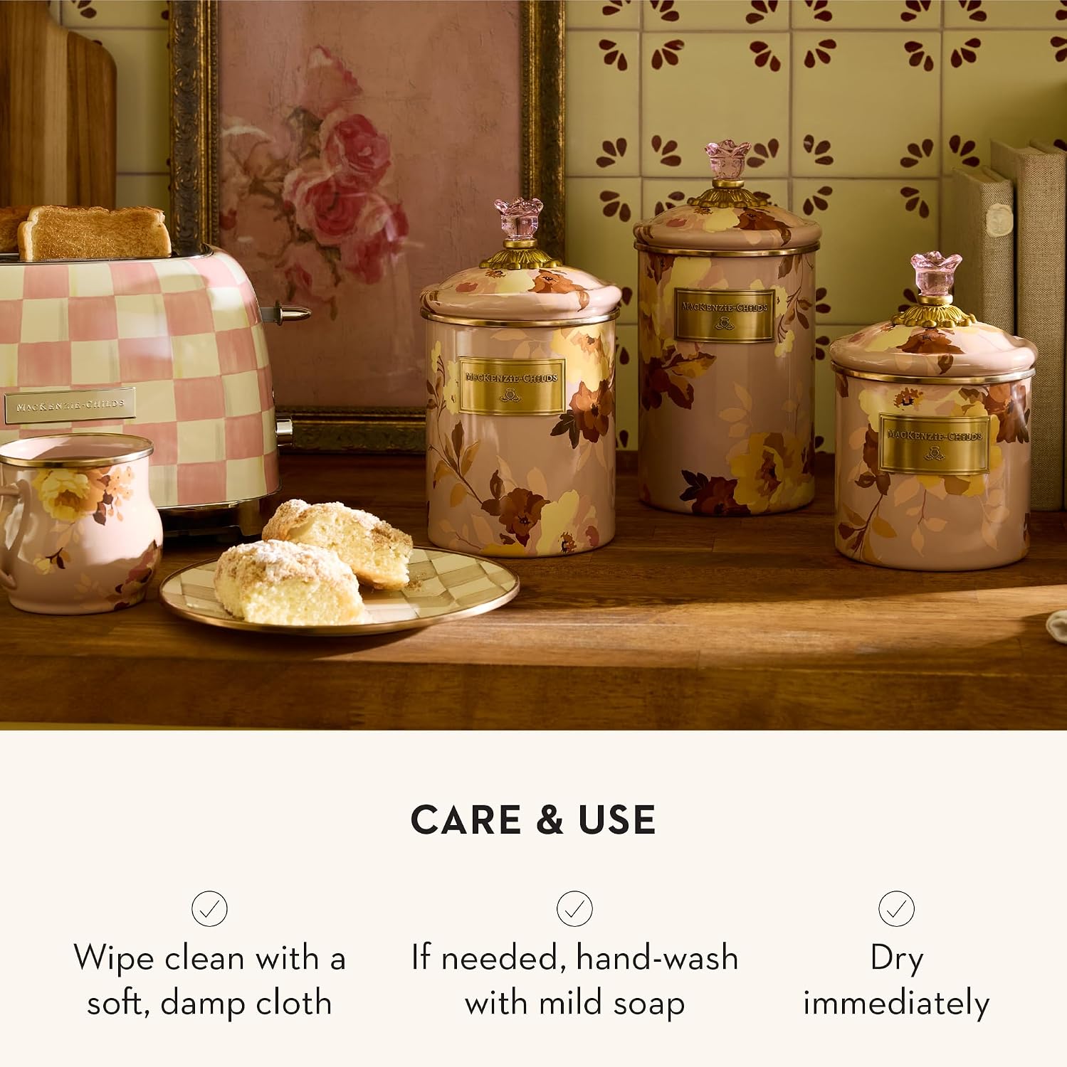 MACKENZIE-CHILDS Enamel Canister, Medium, White Butterfly Garden | Hand-applied design, made from enameled steel, versatile kitchen storage container for flour and sugar, 48-ounce capacity