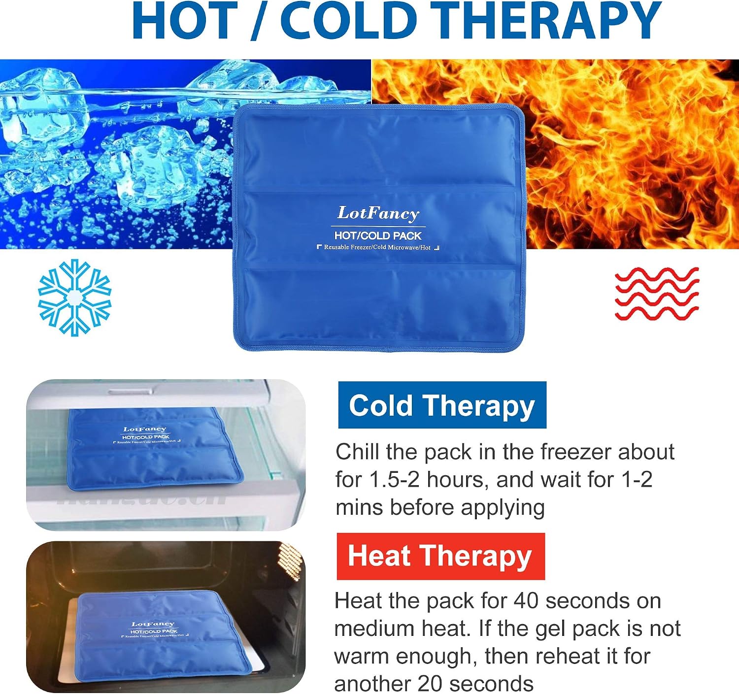 LotFancy Ice Pack for Injuries, Pack of 2, Reusable Hot Cold Pack for Therapy, Cooling or Heating Pad for First Aid, Back Shoulder Neck Head Feet Pain Relief, 11 x 5 Inches