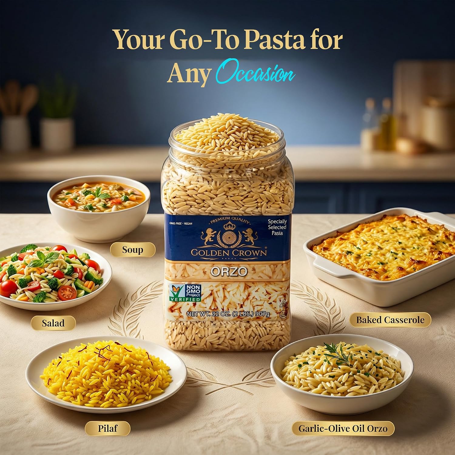 Golden Crown Orzo Pasta - Non GMO & Vegan - All Natural Rice-shaped Pasta in Bronze Cut - Made with 100% Whole Wheat - Perfect for Cold Salad