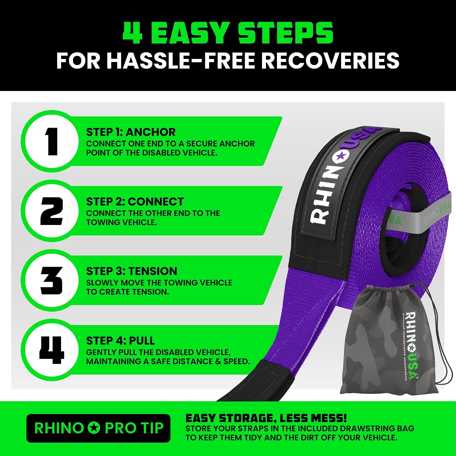 Rhino USA Recovery Tow Strap (3in x 30ft) - 31,518lb Heavy Duty Towing | 31,518lb Break Strength Emergency Tow Strap, Extended 30ft Length. For Truck, UTV, ATV & Jeep Offroad Recovery. Black