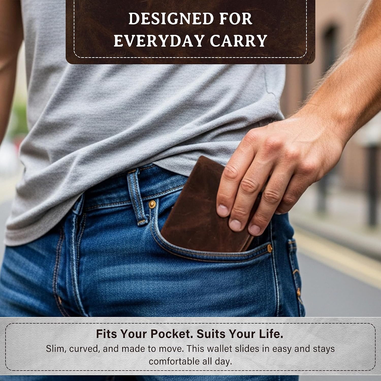 Genuine Bison Leather Wallet for Men, RFID Slim, Brown | Genuine bison leather wallet for men with RFID blocking and curved front pocket fit. Rugged slim everyday carry, brown.