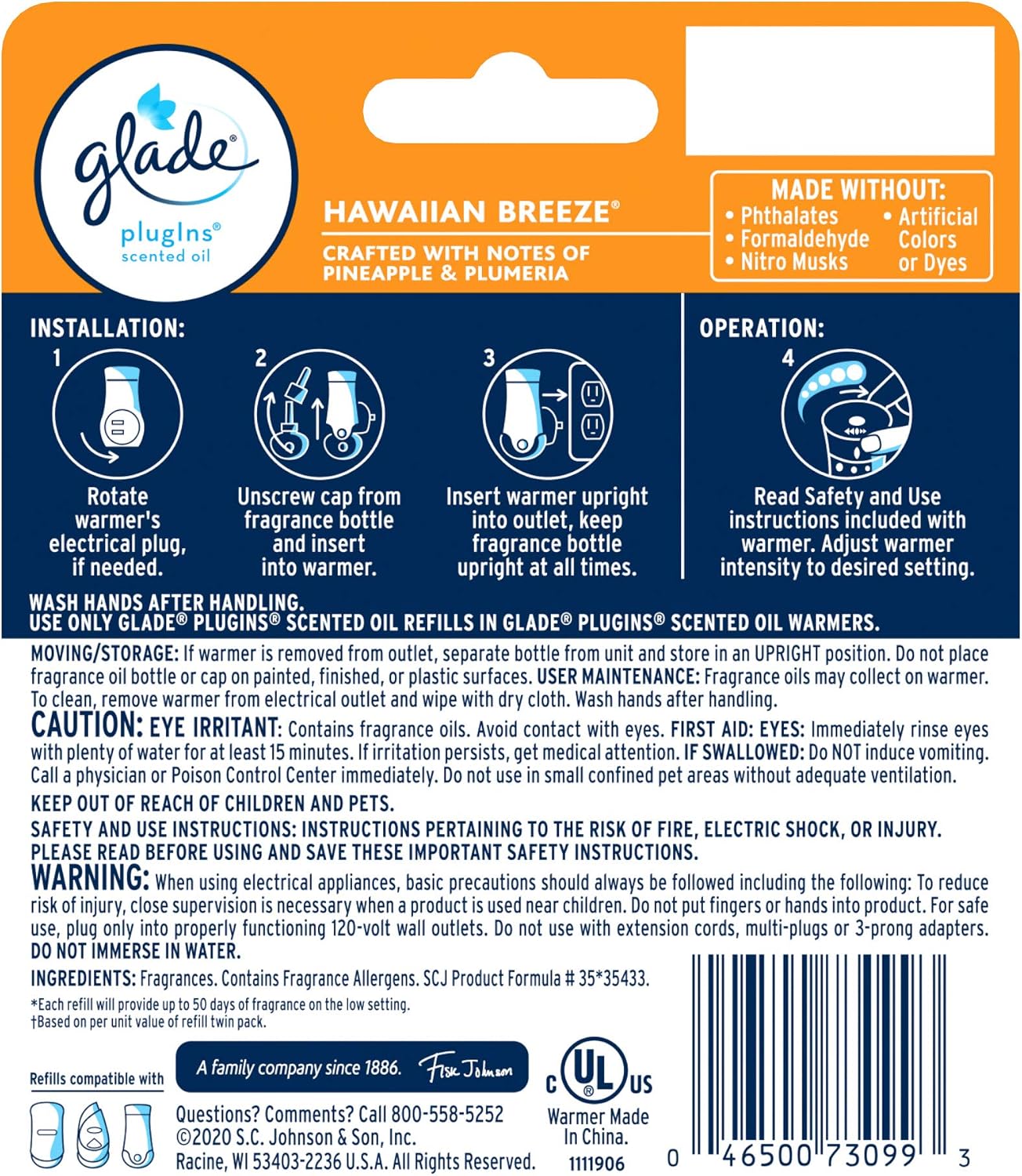 Glade PlugIns Refills Air Freshener Starter Kit, Hawaiian Breeze, Scented and Essential Oils for Home and Bathroom, 0.67 Fl Oz, 1 Warmer + 1 Refill