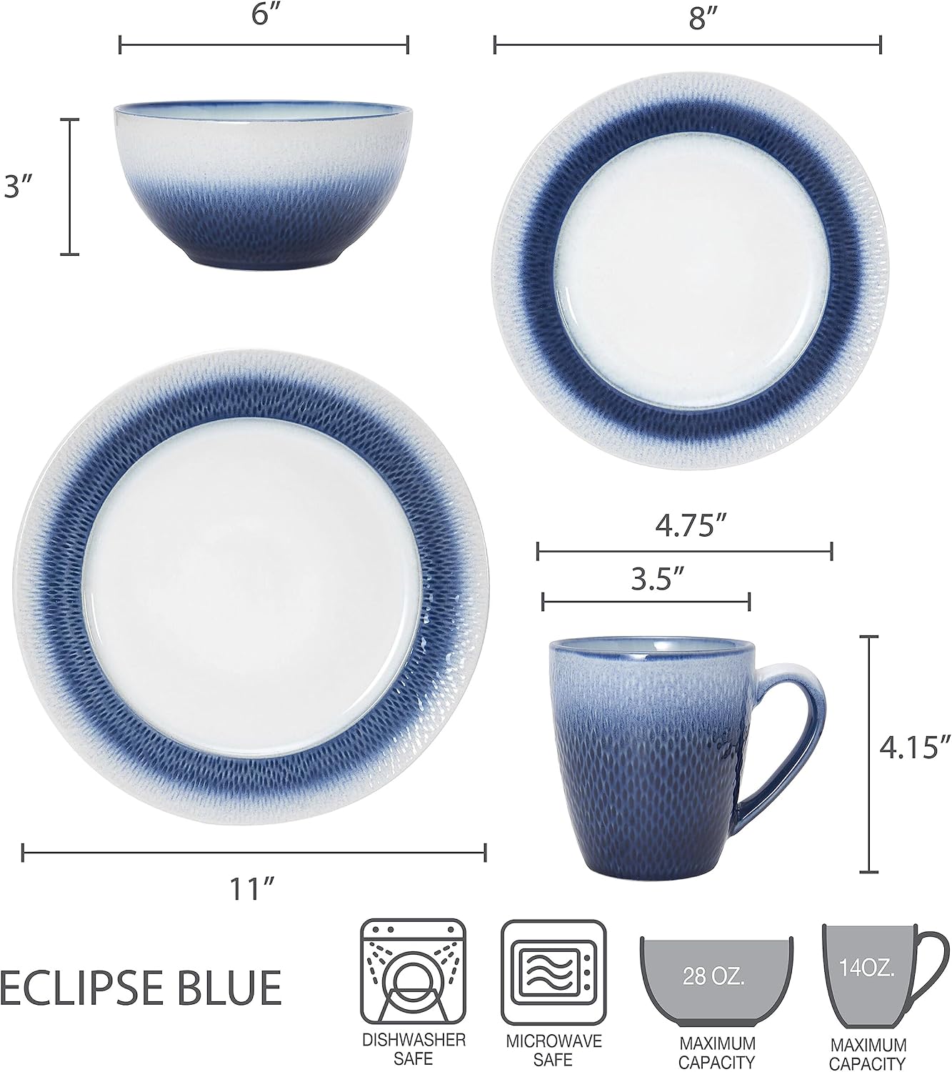 Pfaltzgraff Eclipse Blue 16-Piece Stoneware Dinnerware Set, Service for 4 with Dinner Plates, Salad Plates, Bowls and Mugs