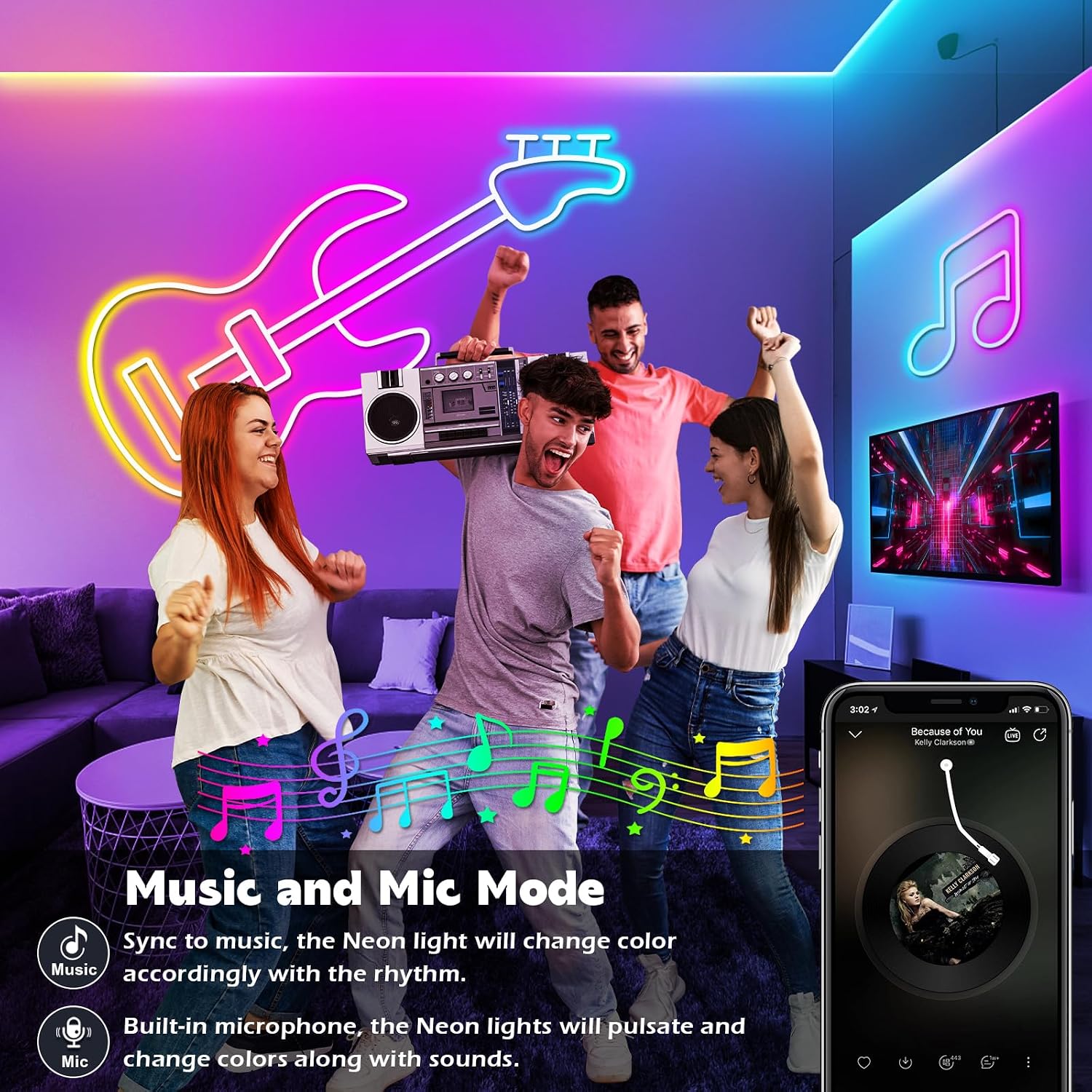 100ft Led Strip Lights, Long Smart Led Light Strips Music Sync 5050 RGB Color Changing Rope Lights