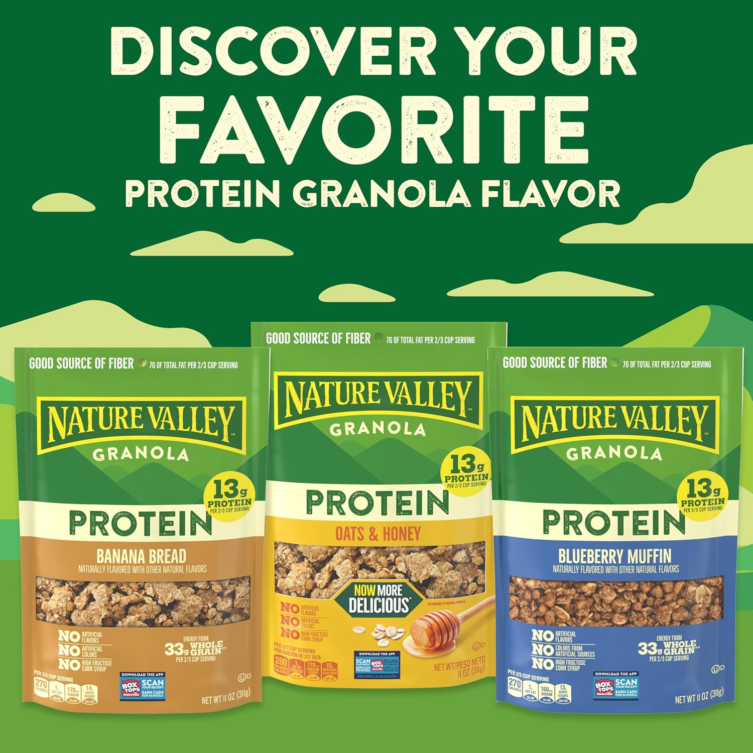 Nature Valley Oats & Honey Protein Granola, Resealable Pouch, 11 oz | 13g Protein & 33g Whole Grain per Serving, Good Source of Fiber, No Artificial Flavors or Colors