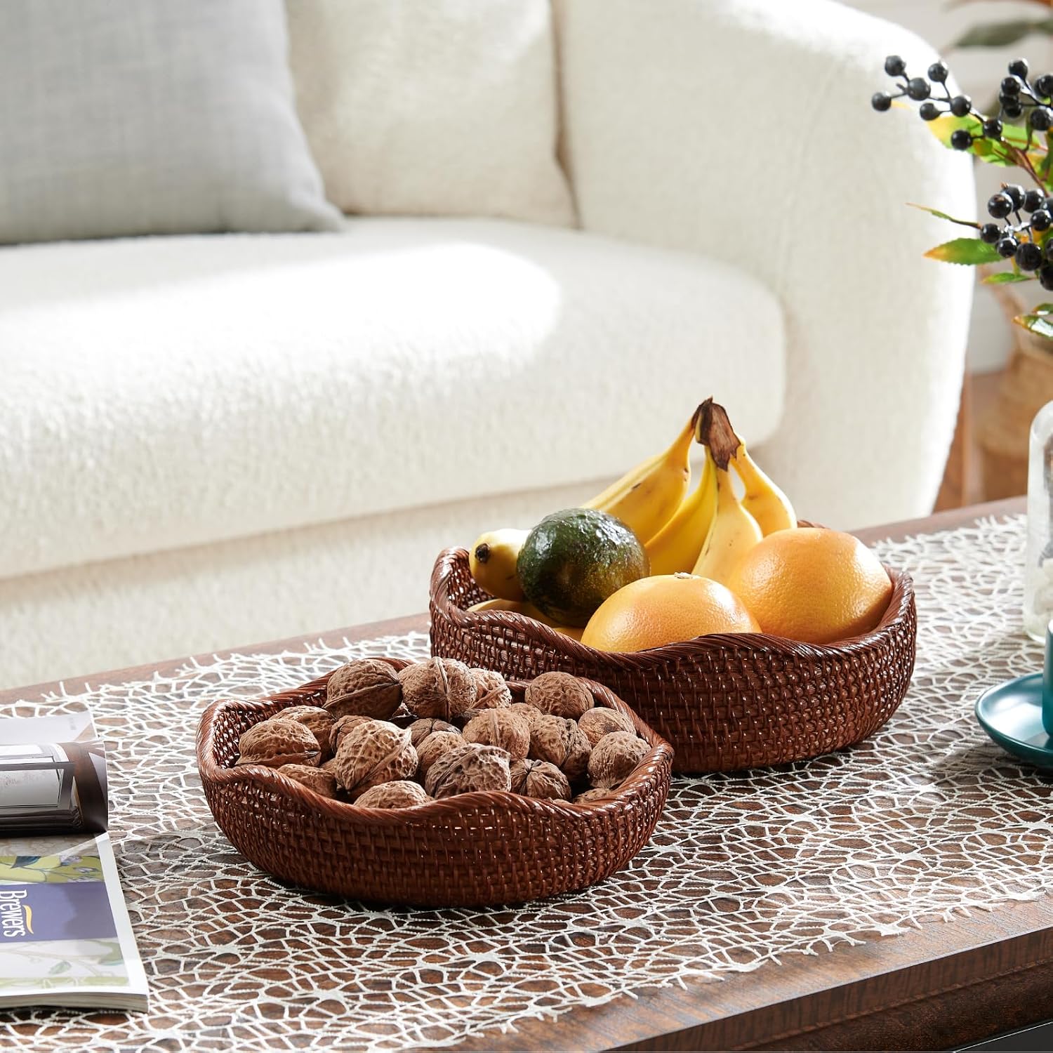 YANGQIHOME Rattan Bread Basket, Round Fruit Baskets, Wicker Storage Bowls, Natural Woven Serving Basket Bowls