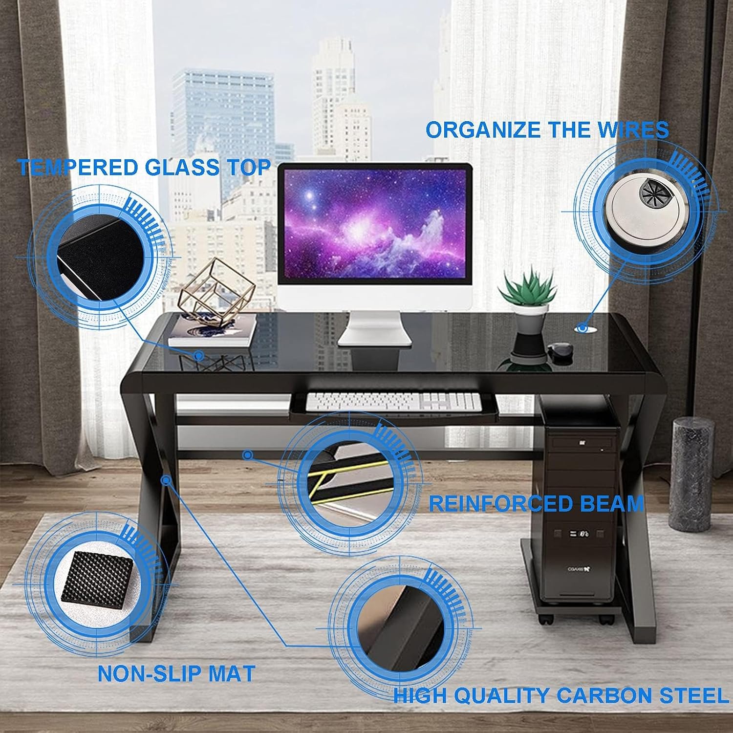 BINGTOO Glass Top Computer Desk with Metal Frame - Modern Simple Workstation for Home Office, Gaming, Writing, Study & Work, Black