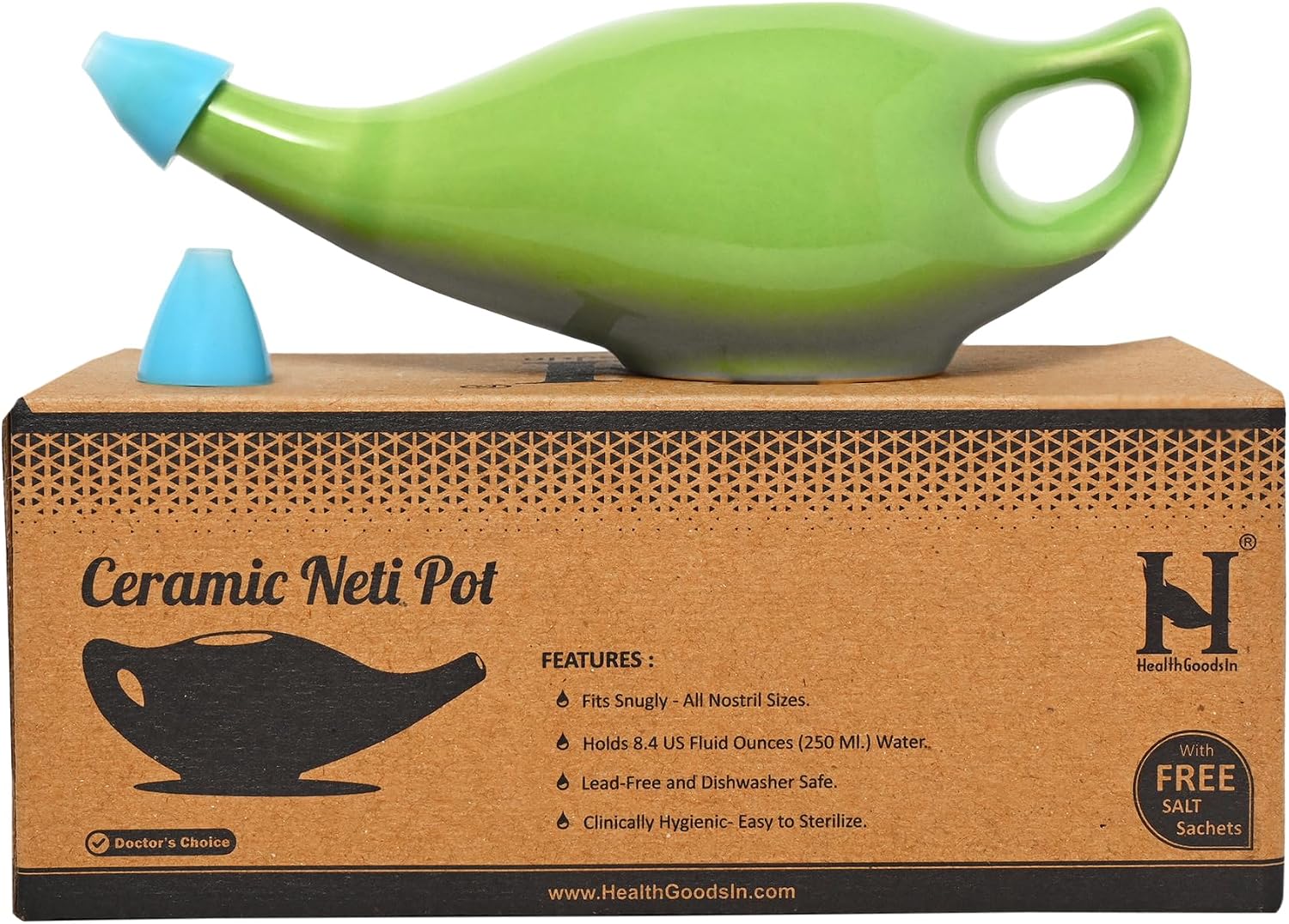 HealthGoodsIn Ceramic Neti Pot, Dishwasher Safe, Premium Handcrafted with 2 Silicone Nozzle and Salt for Sinus - 225 Ml. Capacity (Brown)