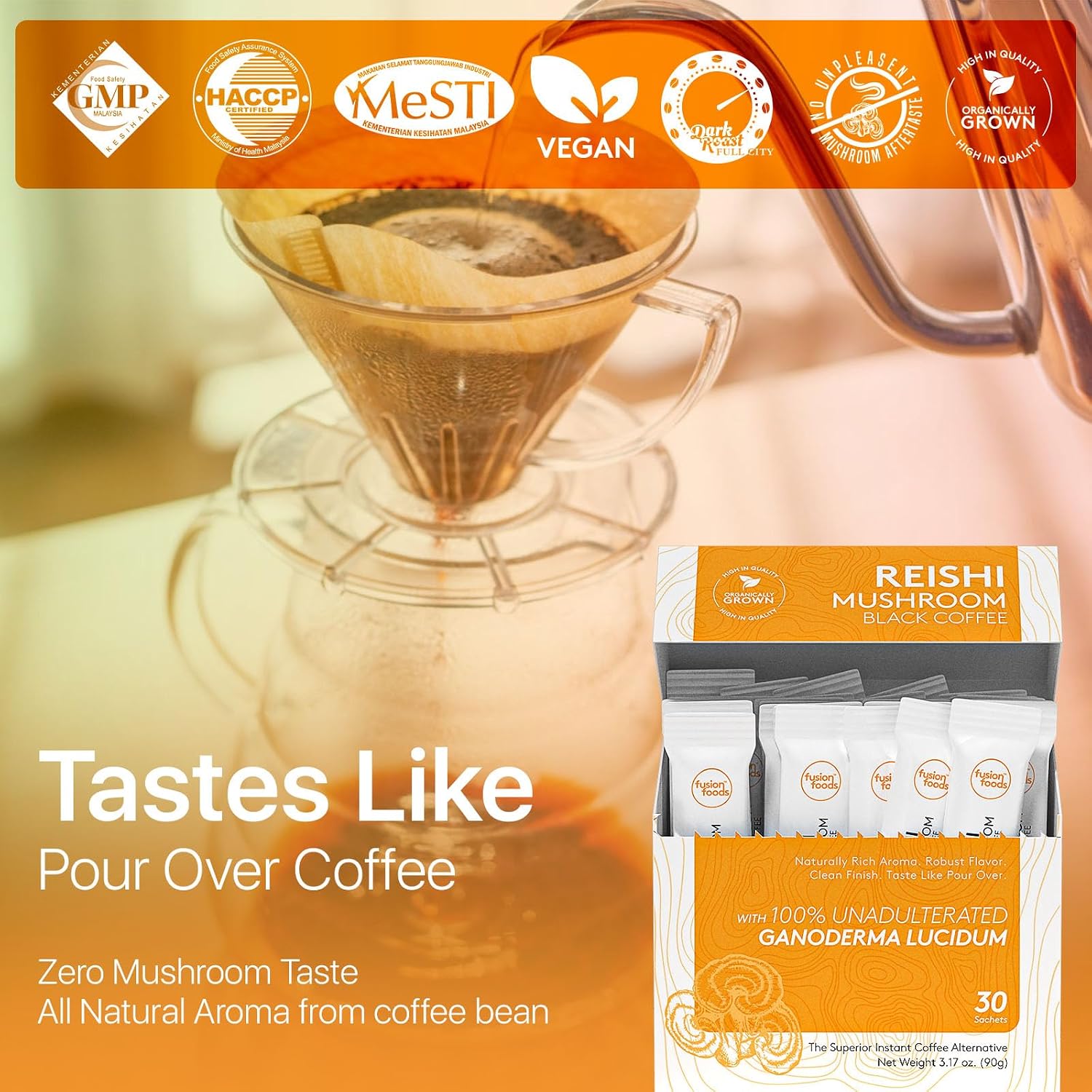 Reishi Mushroom Black Coffee by fusion foods™ | All Natural Unadulterated Reishi Mushroom Ganoderma | Robust Aroma & Taste - 30 counts