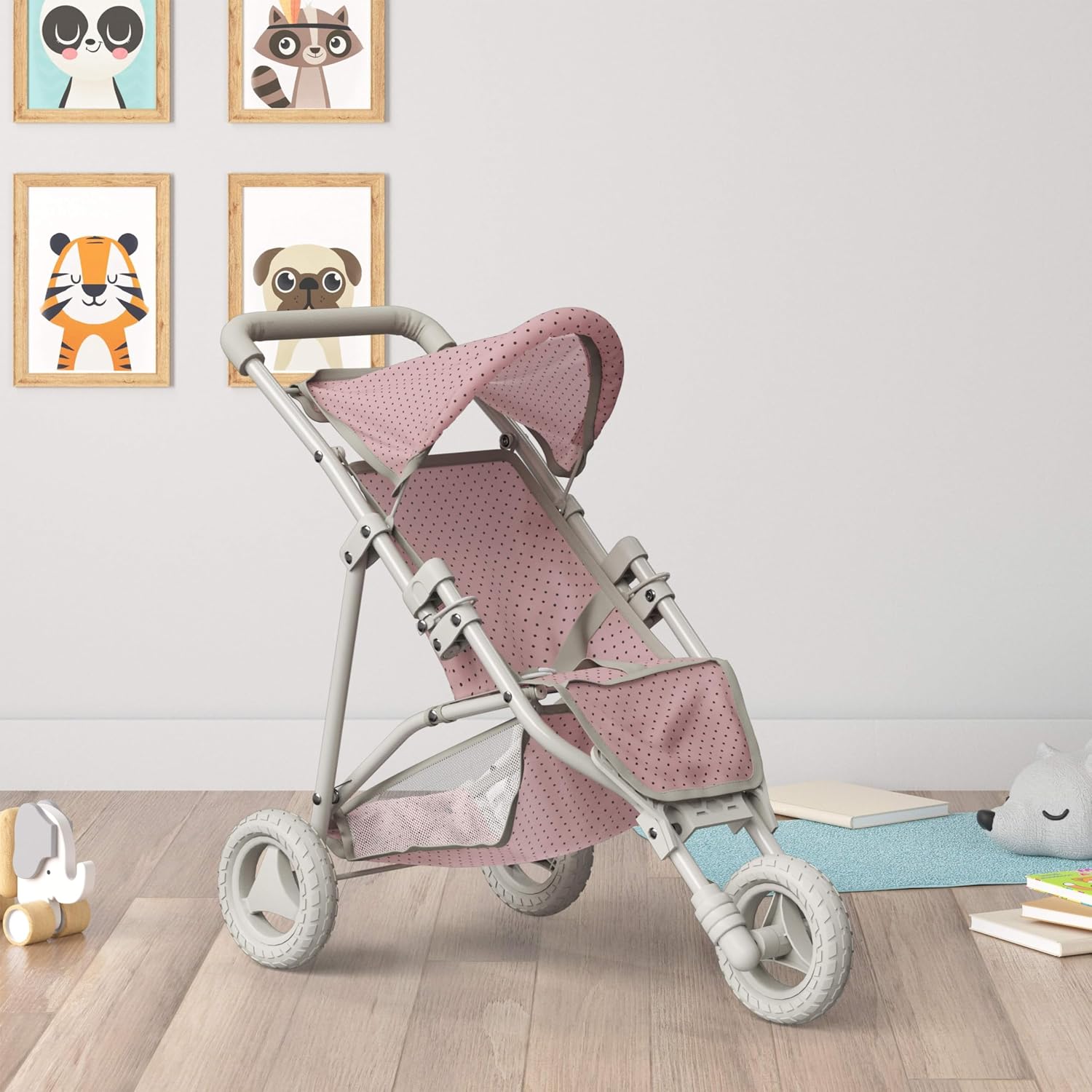 Olivia's Little World Doll Jogging-Style Stroller with Canopy, Storage Underneath, Pink and Cream and Gray | Canopy, Storage Underneath