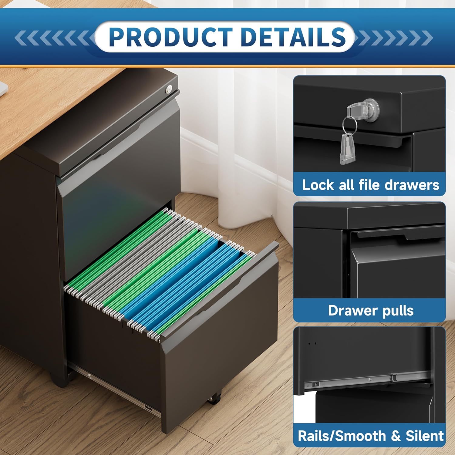 3 Drawer File Cabinet with Lock,Vertical Filing Cabinets for Home Office,Heavy Duty Metal File Cabinet for Hanging A4/Letter/Legal Size File,Vertical File Cabinet 15" W X 17.8" D X 38.3" H-Black