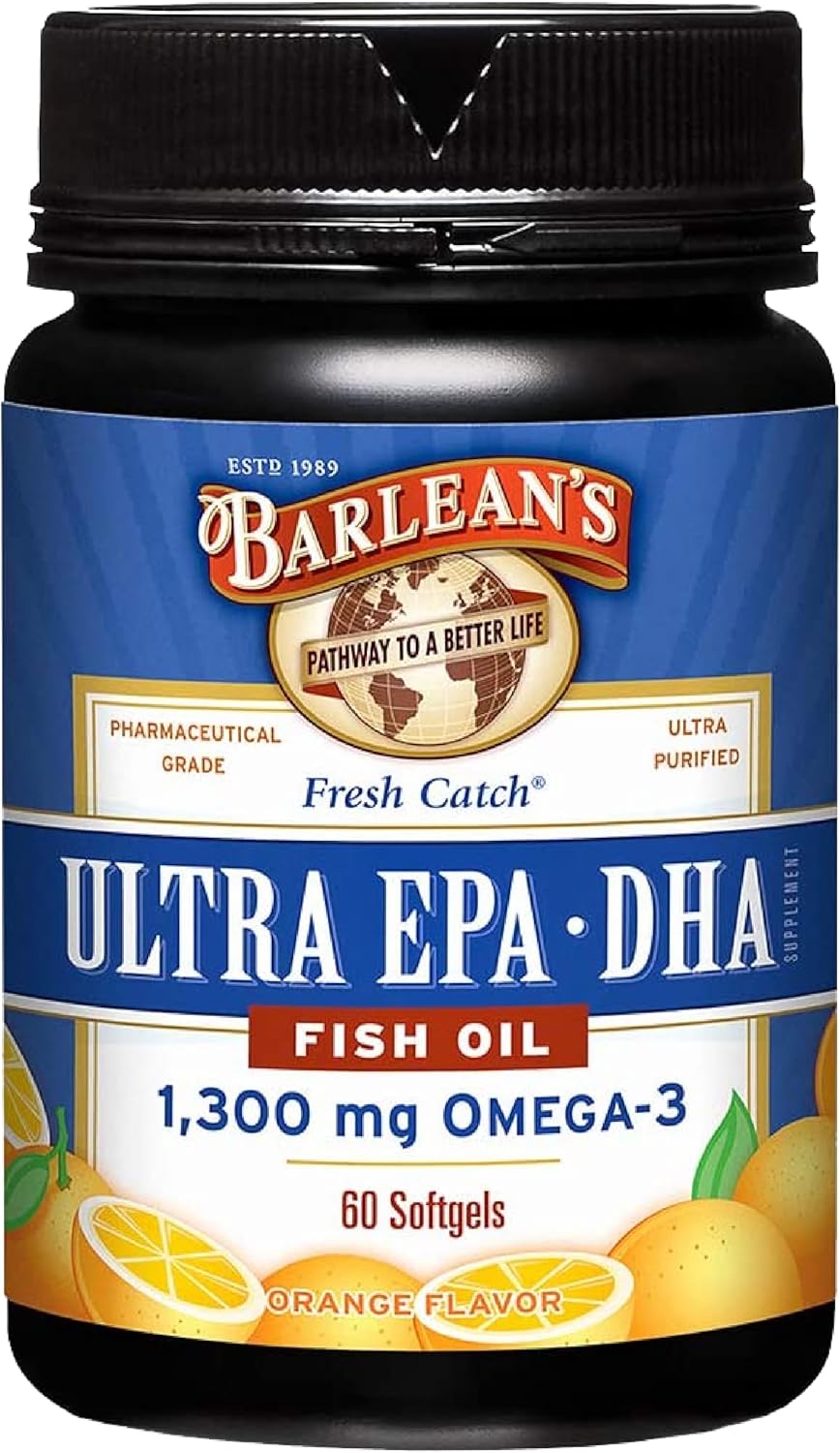 Barlean's Orange Omega-3 Fish Oil Softgels, 1300mg EPA & DHA, 60ct | Wild-caught fish oil, Ultra-high potency EPA DHA omega-3, Burpless, Non-GMO