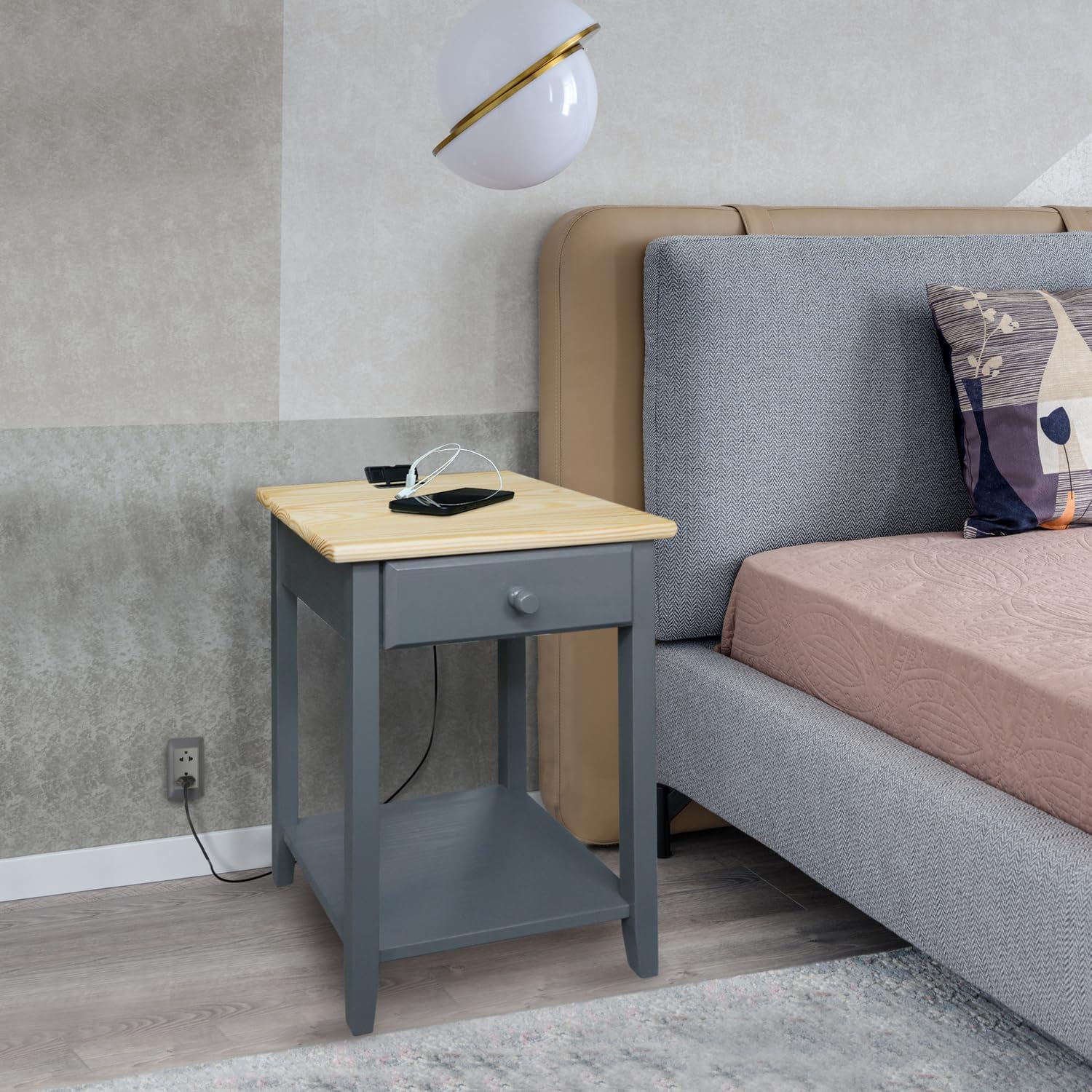Casual Home Owl Night Stand with USB Port Charging Station and Drawer, 17.5"W x 14.25"D x 24.5"H, Espresso