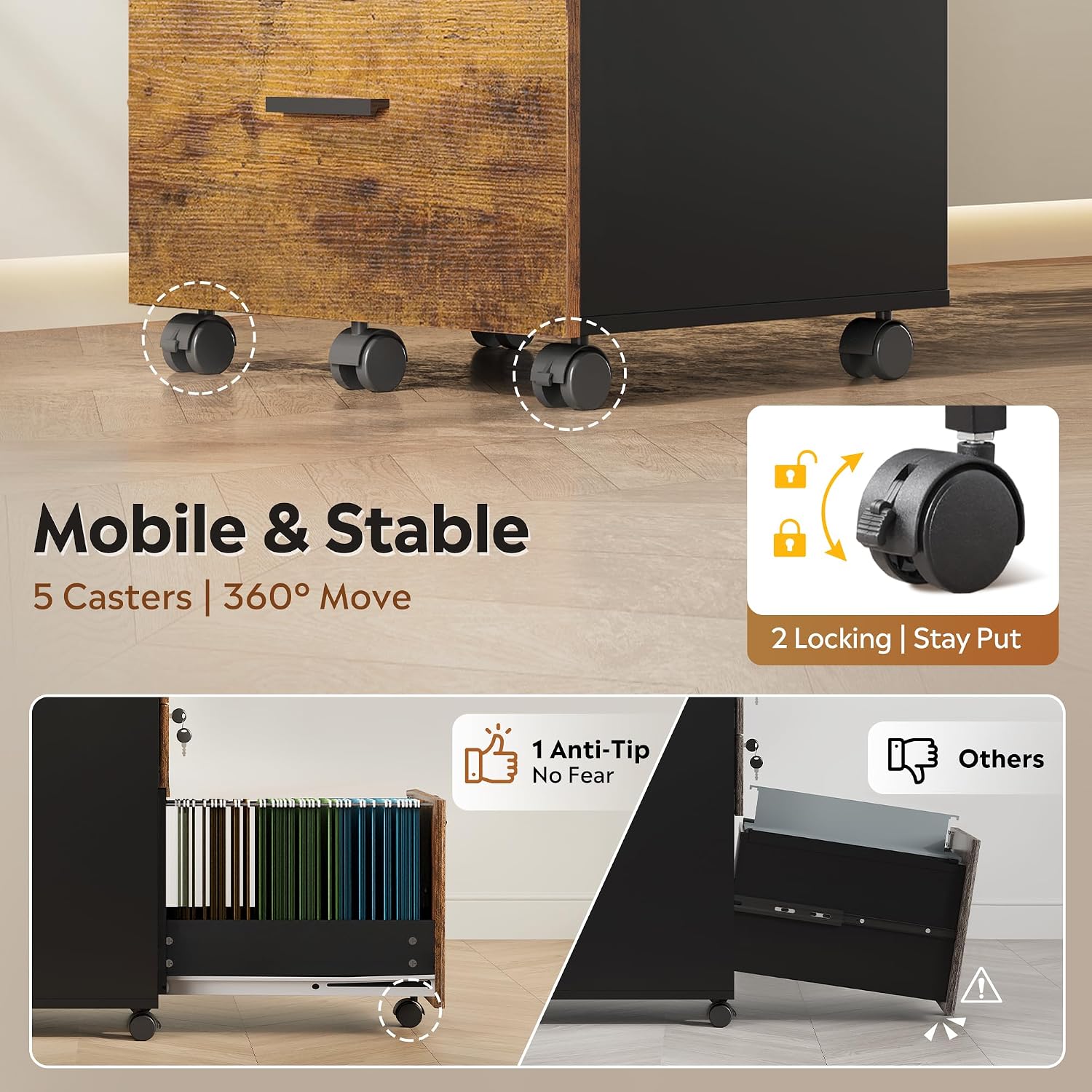 DEVAISE 3 Drawer File Cabinet with Lock & Wheels, Wood Printer Stand | Mobile Filing Cabinet Fits Letter/A4 Size; Rustic Brown Wood Printer Stand Keeps Home Office Files Secure And Organized