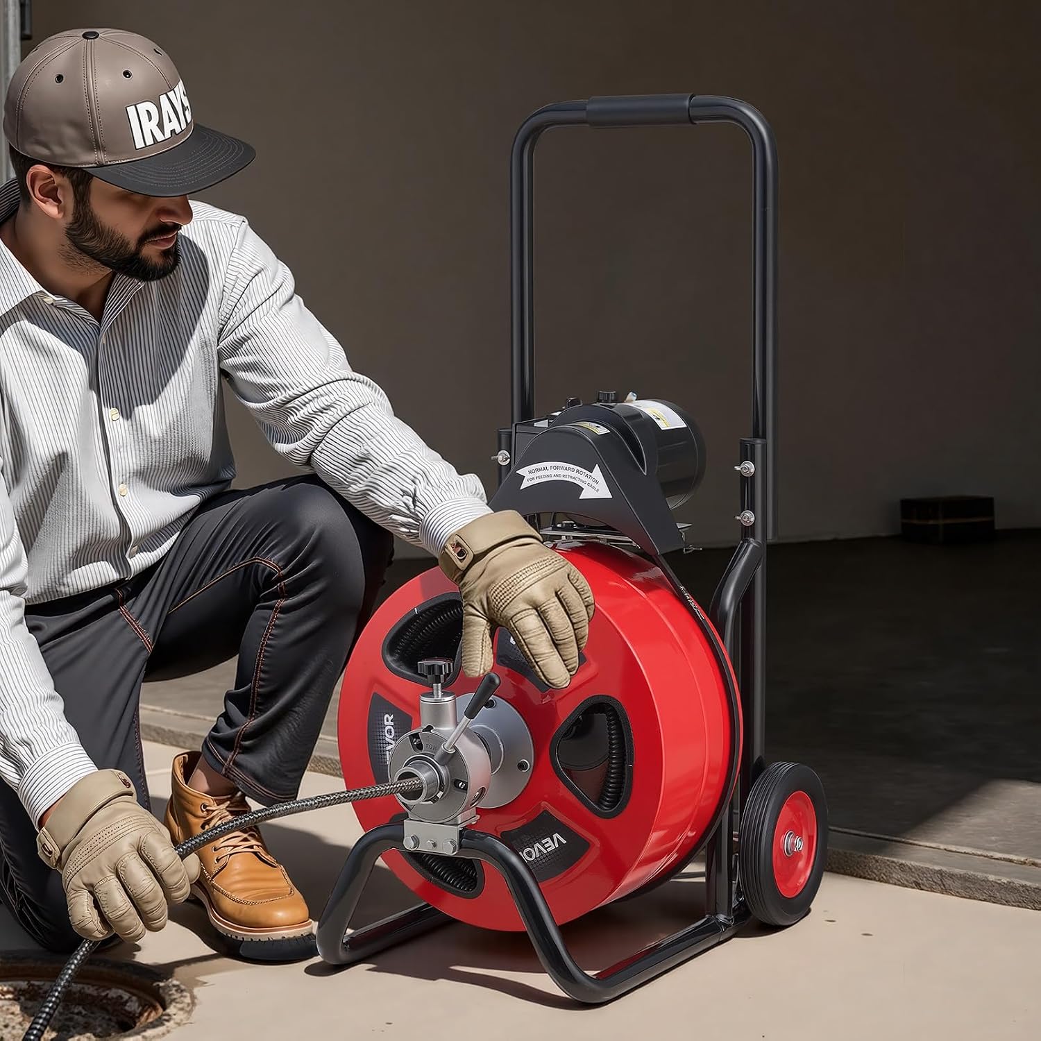 VEVOR Drain Cleaner Machine 75 FT x 3/8 Inch, Auto Feed Sewer Snake Auger on Wheels, Portable Drain Cleaning Machine with 4 Cutters & Air-activated Foot Switch for 2" to 4" Pipes