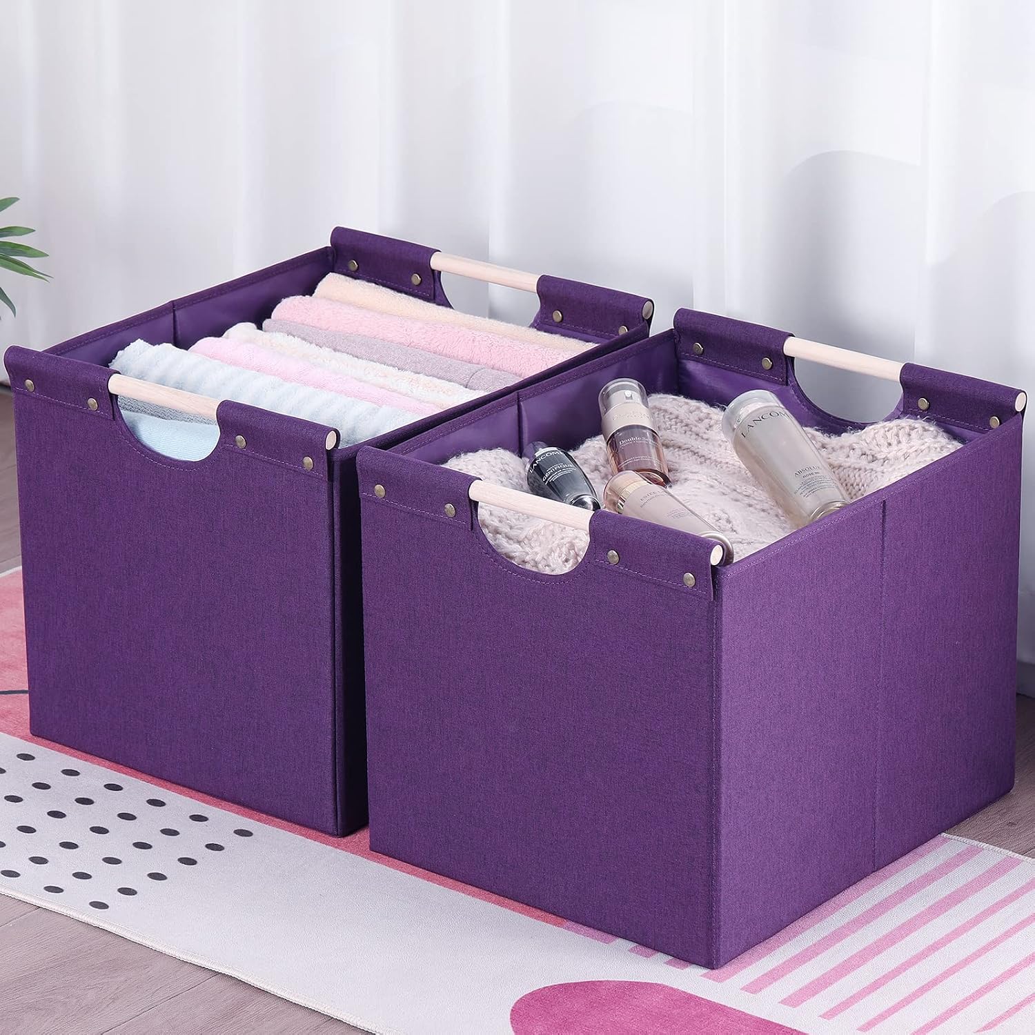 HOONEX Large Collapsible Storage Bins, Linen Fabric, 2 Pack, Storage Baskets with Wooden Carry Handles and Sturdy Heavy Cardboard, for Home, Office
