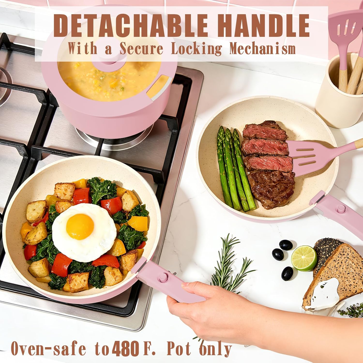 Umite Chef Non Stick Pots and Pans Set, 21 Pcs Ceramic Kitchen Cookware Set with Detachable Handle, Nonstick Healthy Induction Cookware, Dishwasher RV Cookware Set, Oven Safe, Stackable, Sage Green