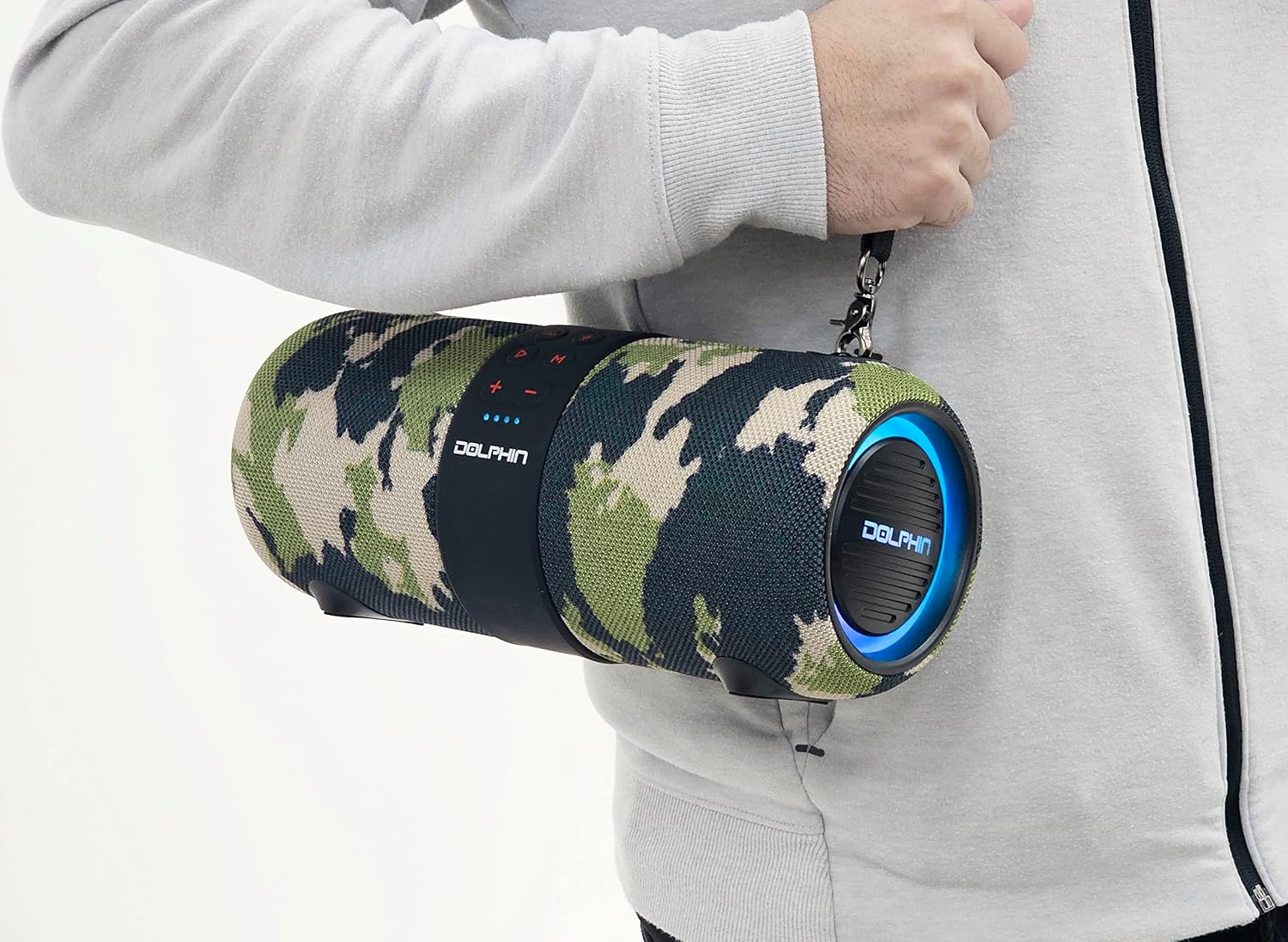Dolphin Portable Waterproof Bluetooth Speaker, Dual 3" Woofer Boombox, Camo | TWS Technology, Color-Changing Lights, USB/TF/FM/AUX