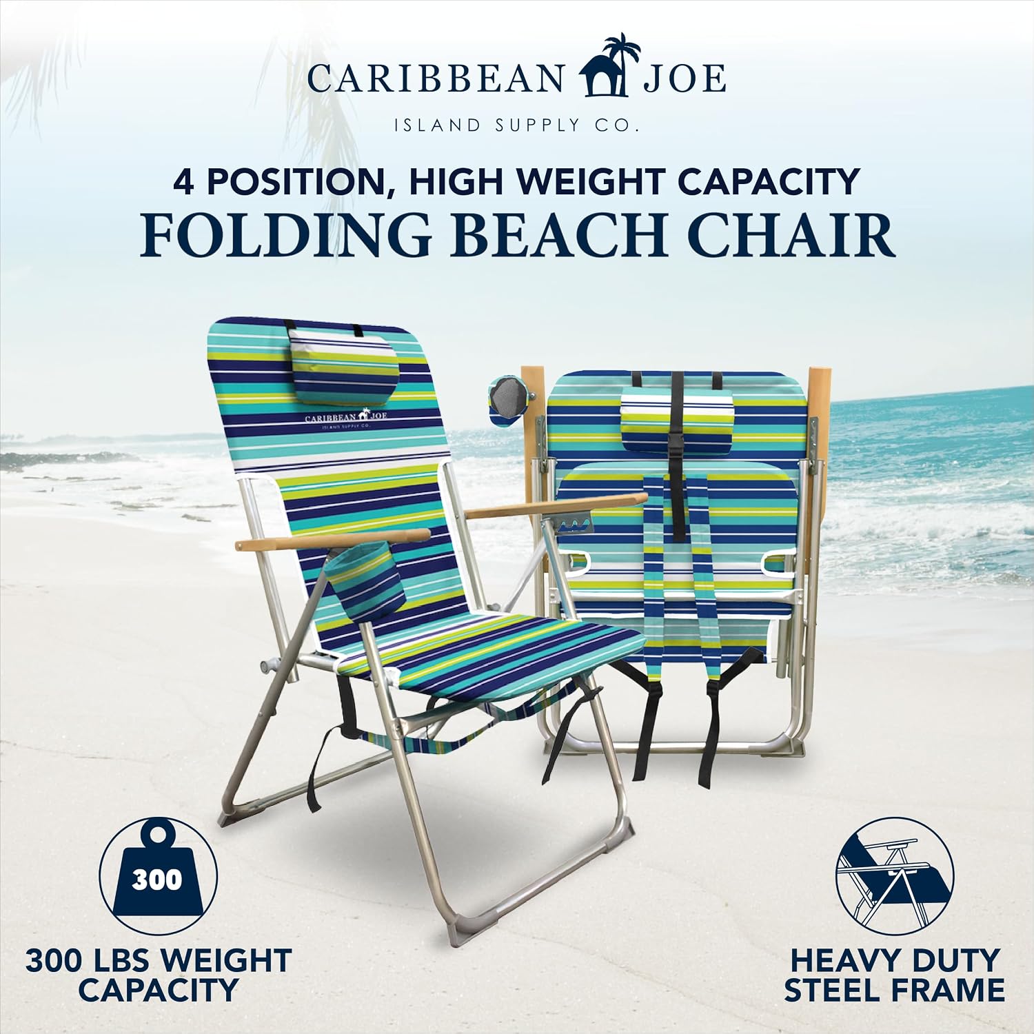 CARIBBEAN JOE Folding Beach Chair, 4 Position Portable Backpack Foldable Camping Chair with Headrest, Cup Holder, and Wooden Armrests