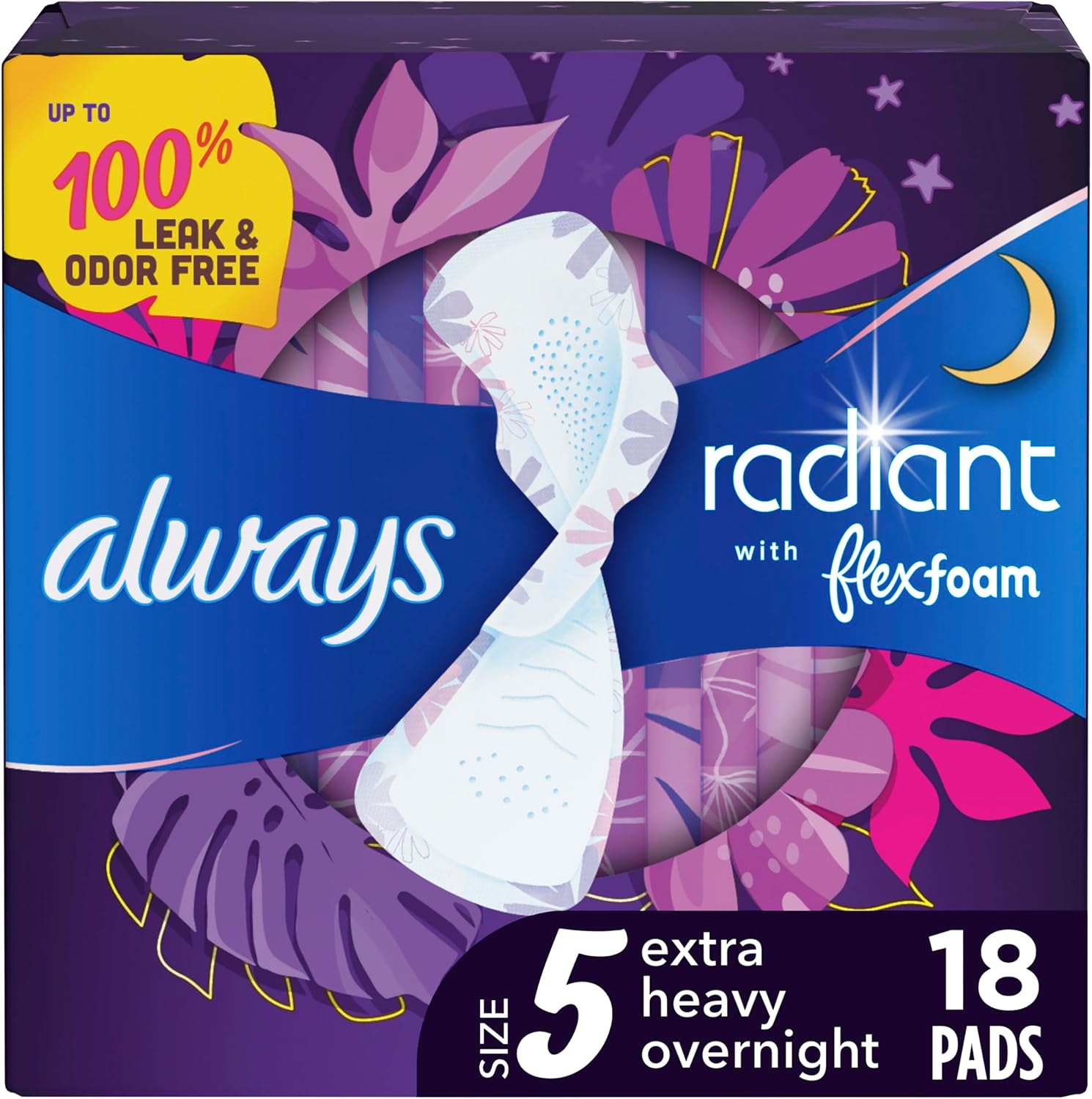 Always Radiant Flexfoam Pads for Women, Size 5, Extra Heavy Overnight Absorbency, With Wings, Scented, 18Count