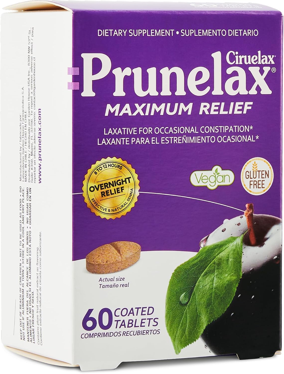 Prunelax Ciruelax Maximum Relief Laxative Tablets with Natural Senna for Occasional Constipation, Senna Extract, Vegan & Gluten-Free, Gentle Overnight Relief - 100ct