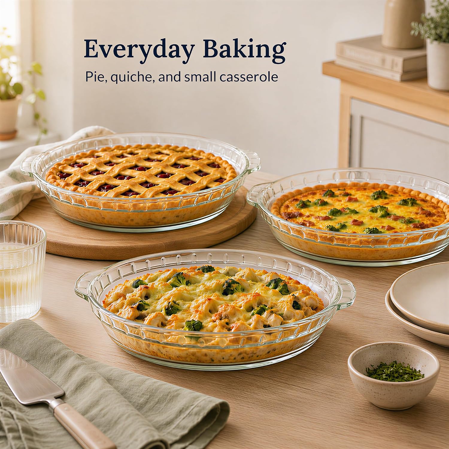 Kingrol 3 Pack Glass Pie Plates with Handles, 9 Inch Pie Baking Dishes