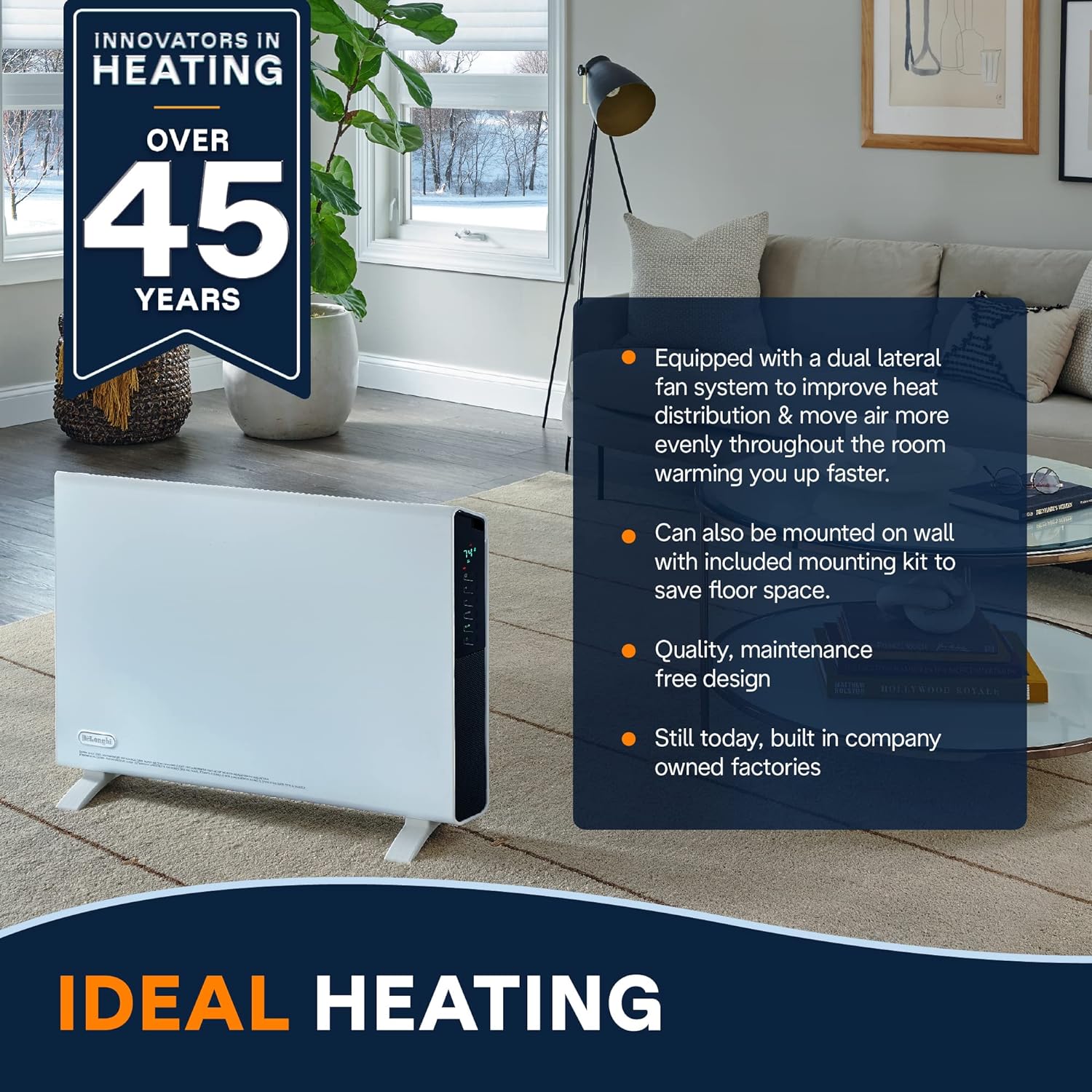 DeLonghi Convection Panel Heater, Full Room Quiet 1500W, portable electric heater is freestanding/easily wall mounted. Energy Saving, quick heat distribution, timer, asphalt gray, HCX9115E