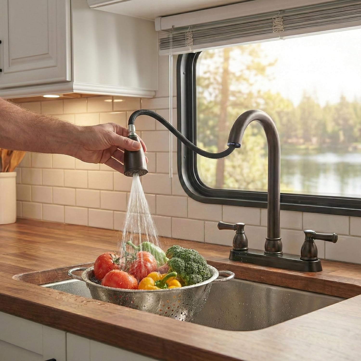 Dura Faucet DF-PK350L-SN RV Pull-Down Kitchen Sink Faucet (Satin Nickel) | Stream-to-spray sprayer with a corrosion-resistant non-metallic build. Brushed Satin Nickel. Plated ABS plastic (not metal).