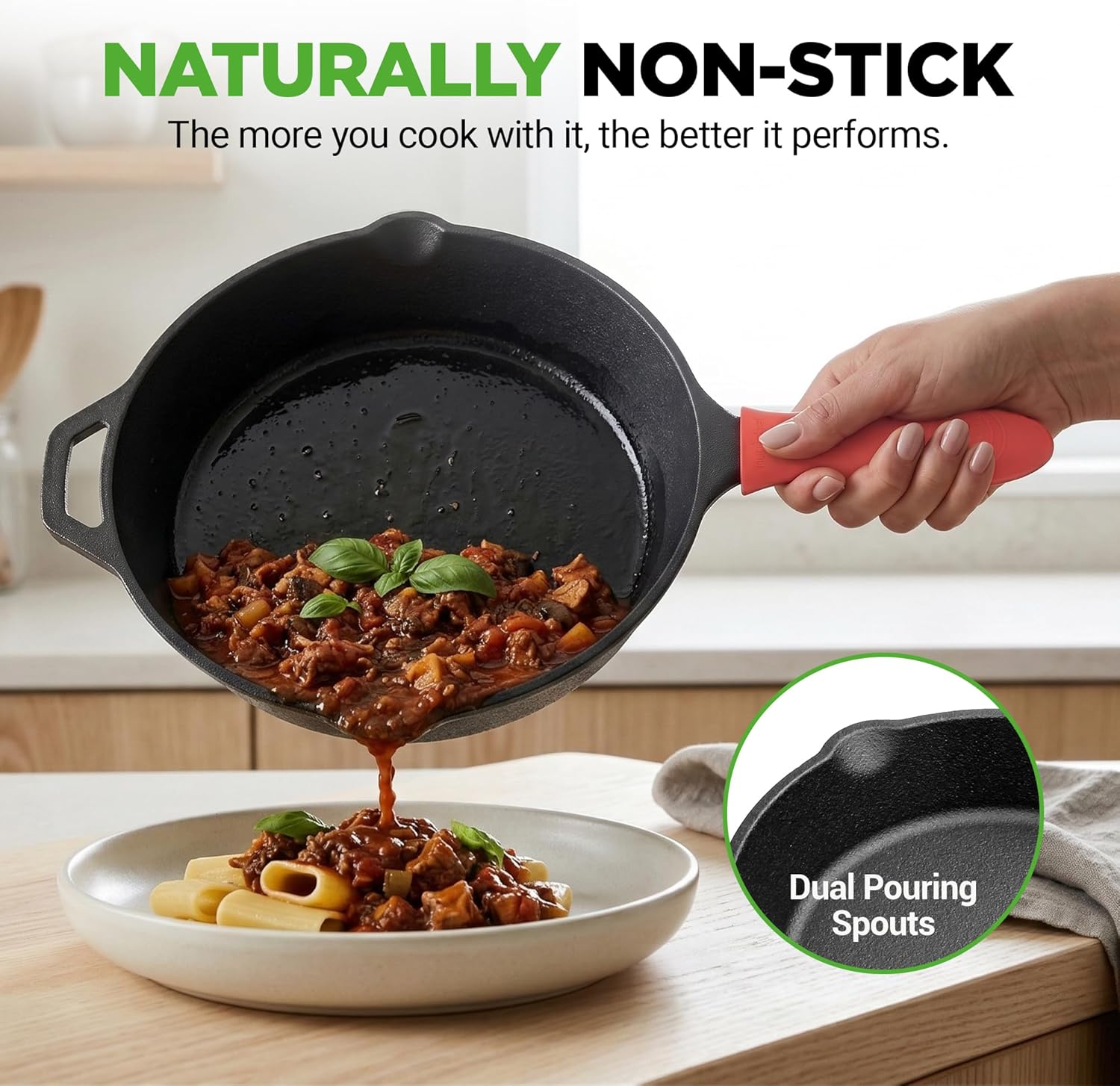 NutriChef 10 Inch Cast Iron Skillet with Lid - Pre-Seasoned Small Fry Pan with Side Drip Spout and Silicone Handle