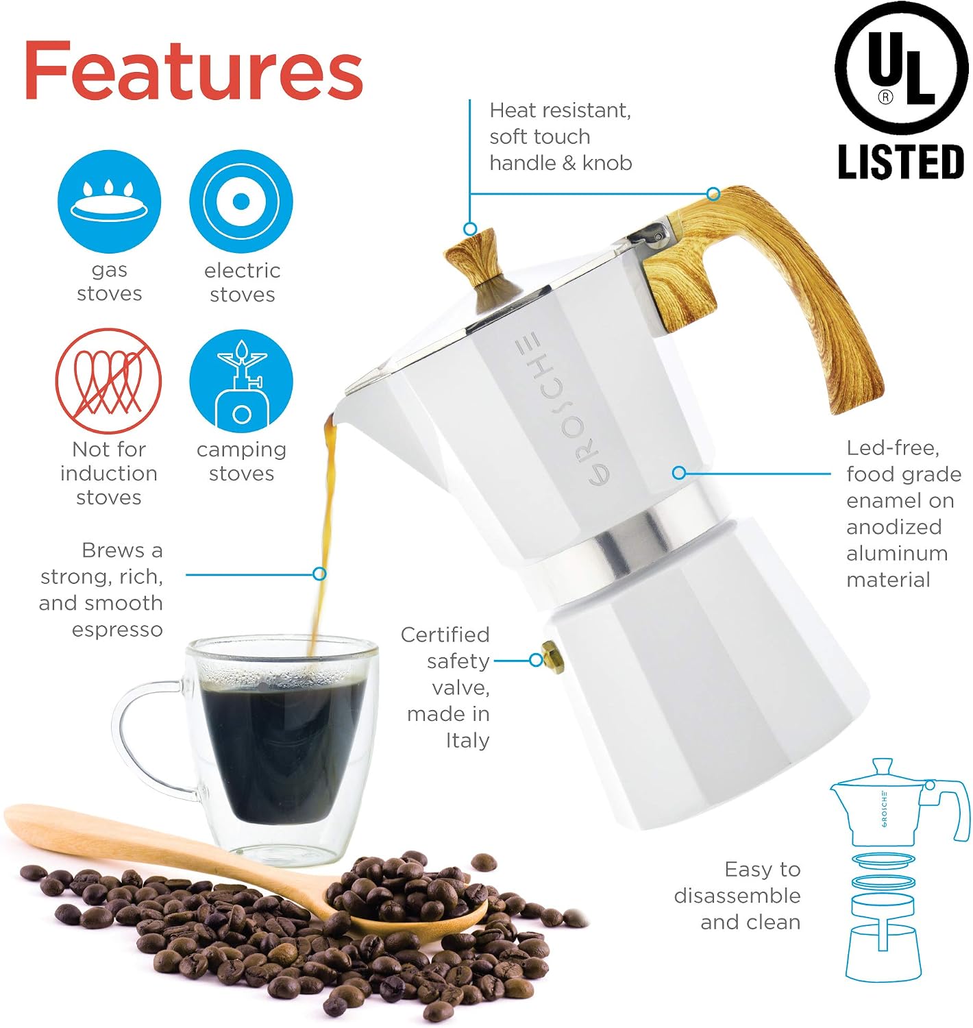 GROSCHE Milano Moka Pot | 9 Espresso Cup - 15.2 oz | Stovetop Espresso Percolator & Coffee Maker – Portable, Ideal for Home and Camping | Cuban Coffee Maker And Italian Moka Pot For Stovetop Espresso; For Gas, Electric, And Propane Stoves With A Soft-Tou…