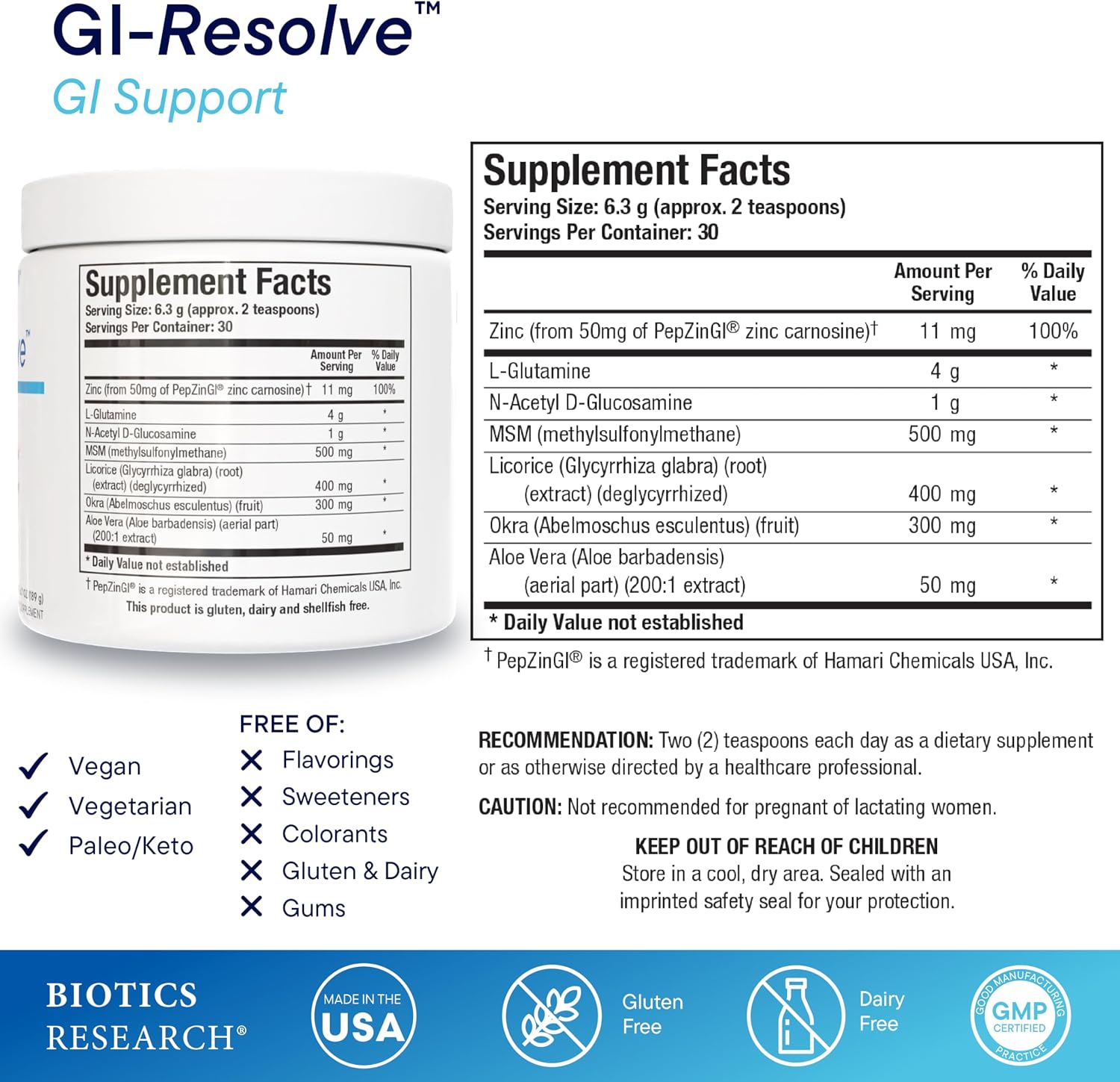 BIOTICS RESEARCH GI Resolve™ Advanced L-Glutamine Powder Formula for Gut Lining Support & Healing - Optimal Gastrointestinal Function - Premium