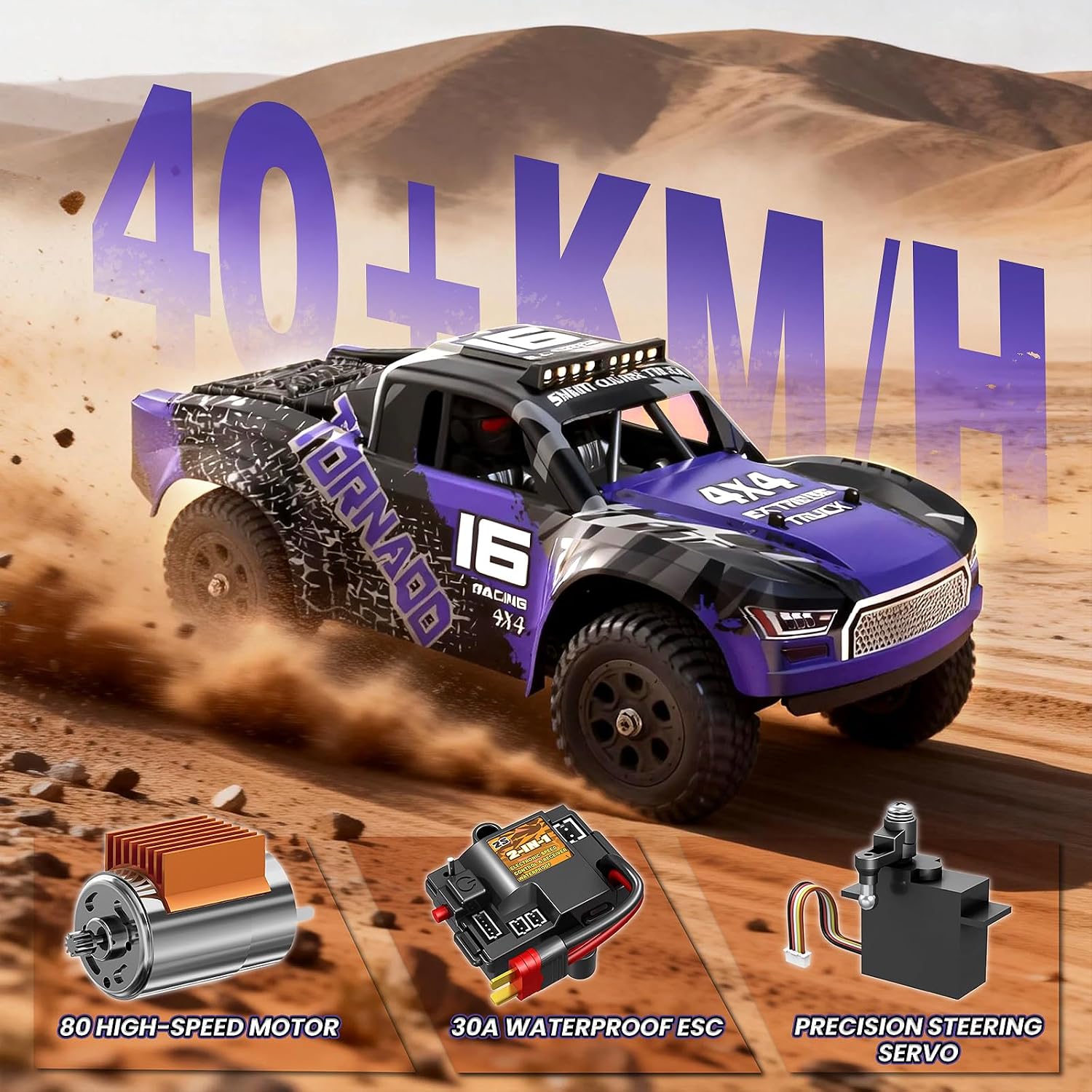 1:14 Scale All Terrain RC Cars for Adults & Boys (HS14323), Max Fast 40+ KPH, 4WD Off-Road RC Truck for Snow & Sand & Mud, 4X4 Waterproof Remote Control Car with 2 Rechargeable Batteries