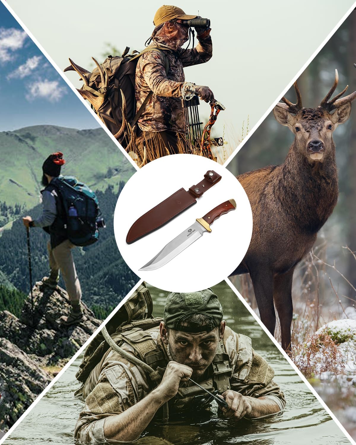 Mossy Oak 14-inch Bowie Knife, Wood Handle, Hunting Knife | Full-tang Fixed Blade, Leather Sheath, Hunting Knives for Camping, Hiking, Survival