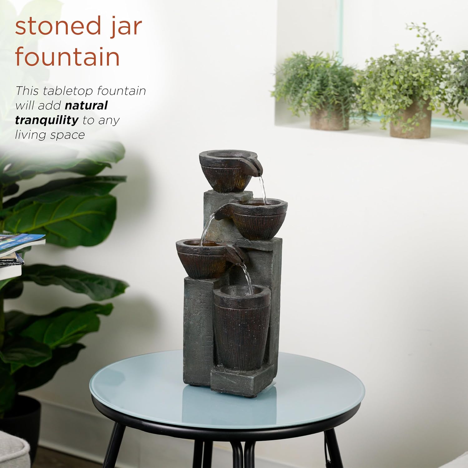 Alpine Corporation WIN326 Indoor Tabletop Light-Up Tiered Rainforest Tree Trunk Water Fountain with LED Lights, 11", Brown