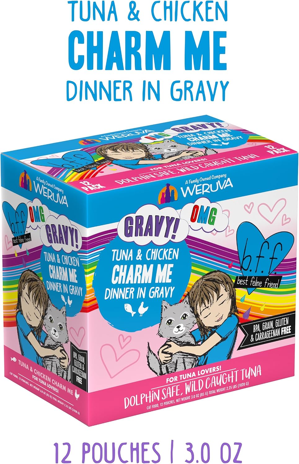 Weruva B.F.F. OMG - Best Feline Friend Oh My Gravy!, Tuna & Salmon Sweet Cheeks with Tuna & Salmon in Gravy Cat Food, 3oz Pouch (Pack of 12)