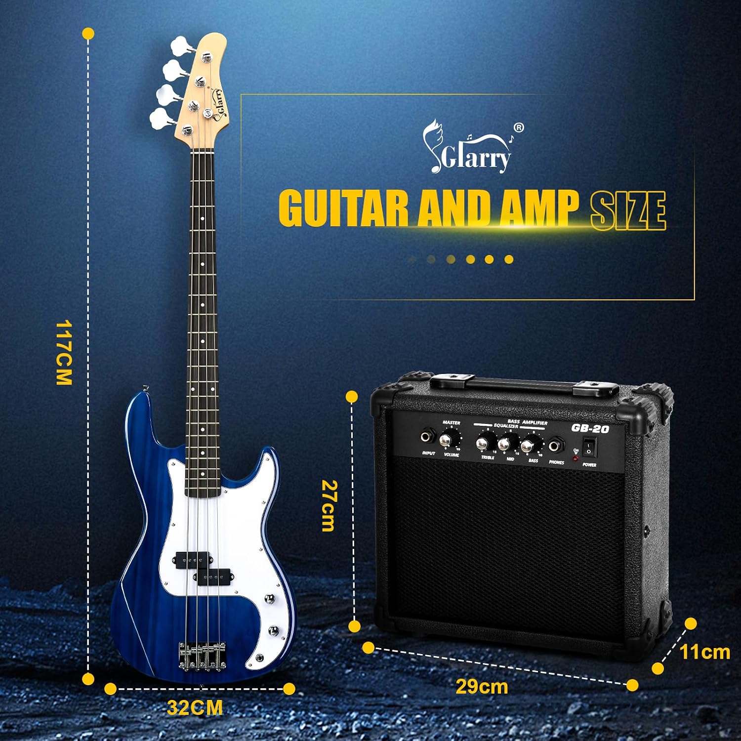 GLARRY Full Size Electric Bass Guitar Beginner Kit 4 String Exquisite Basswood Bass with 20W AMP, Cable, Strap, Bag and Accessories (Transparent Blue, 39"Right Handed)