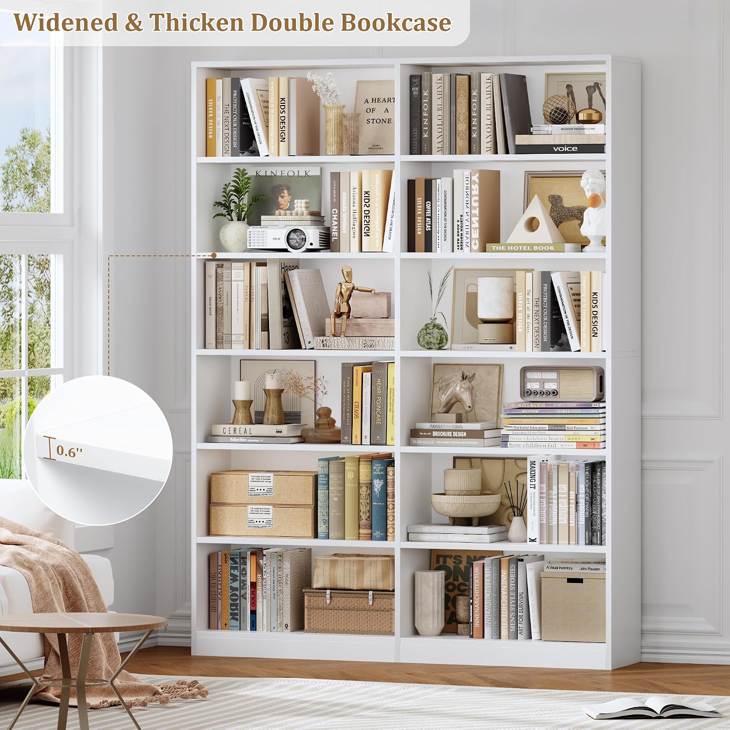 Bookshelf Tall Bookcase, 6-Tier Double Wide Bookshelves, White | Freestanding Display Storage Shelves, Tall and Large Book Shelves for Home Decor Bedroom, Living Room, Home Office, Library