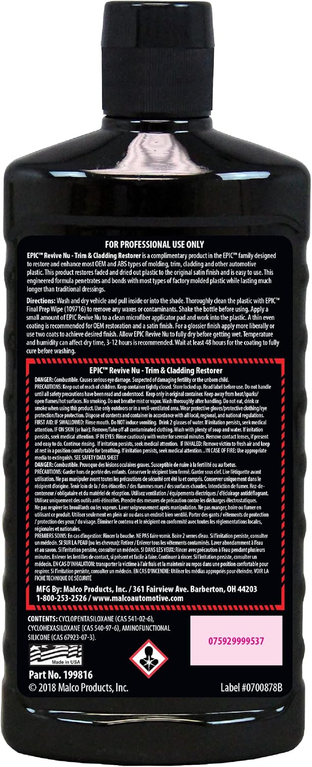 Malco Epic Revive Nu Plastic Trim & Cladding Restorer - Restores Faded and Dried Out Plastic/Vinyl and Rubber Back to Black or Gray Finish / 16 Oz