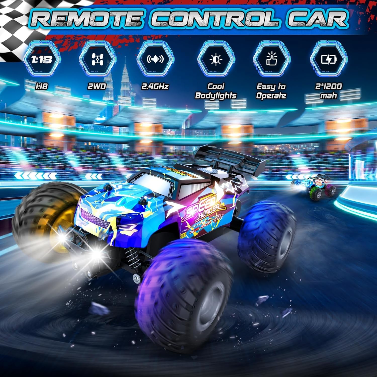 Rcjoyou Remote Control Car, 2WD Off-Road Rc Truck, 20 KM/H All-Terrain RC Cars with Headlights & Body Lights, 2.4GHz, 2 Batteries