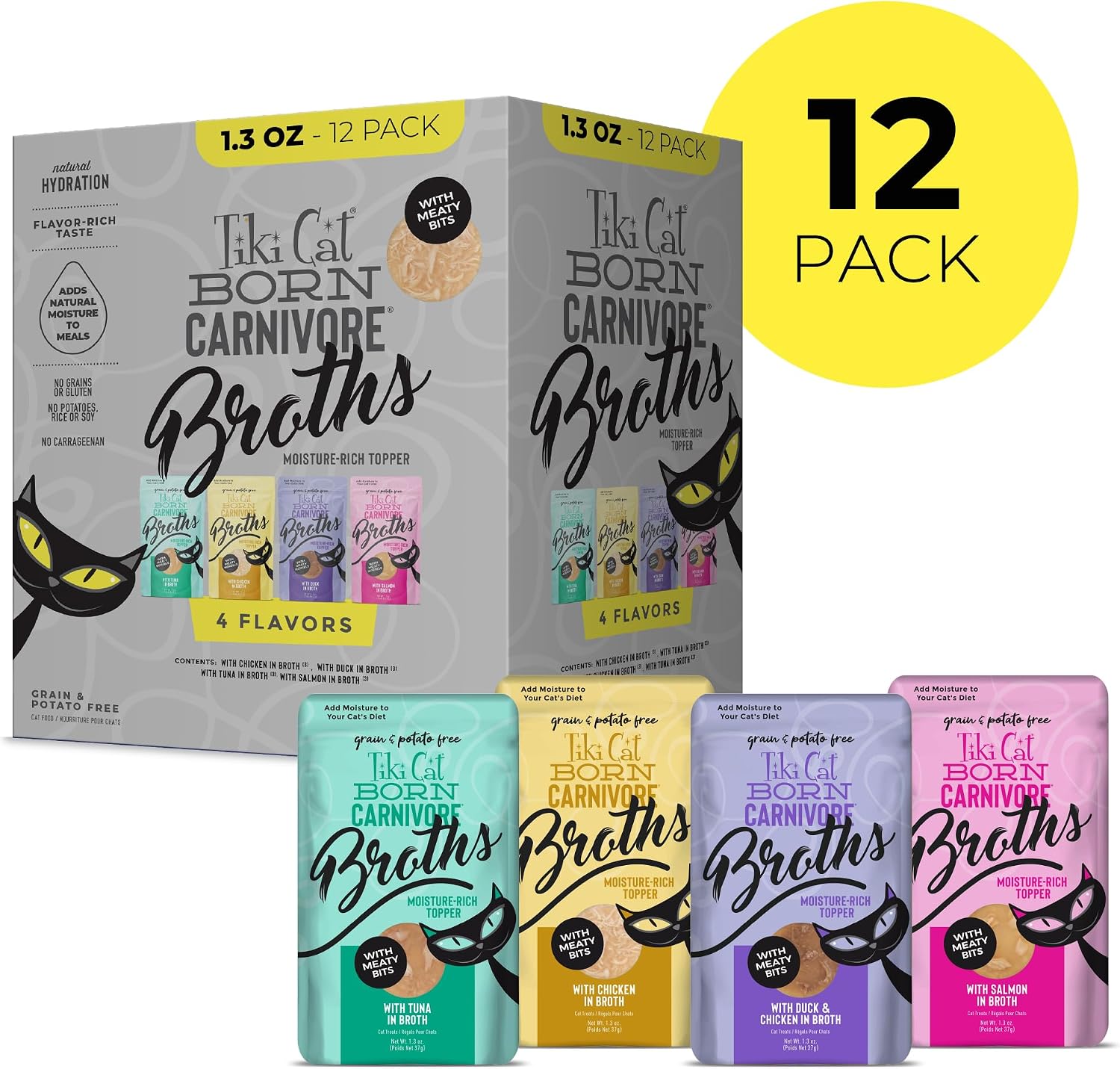 Tiki Cat Born Carnivore Broths Wet Cat Food Toppers, Variety Pack, 1.3 oz. Pouch (12 Count) | Broth with Real Animal Protein for Hydration
