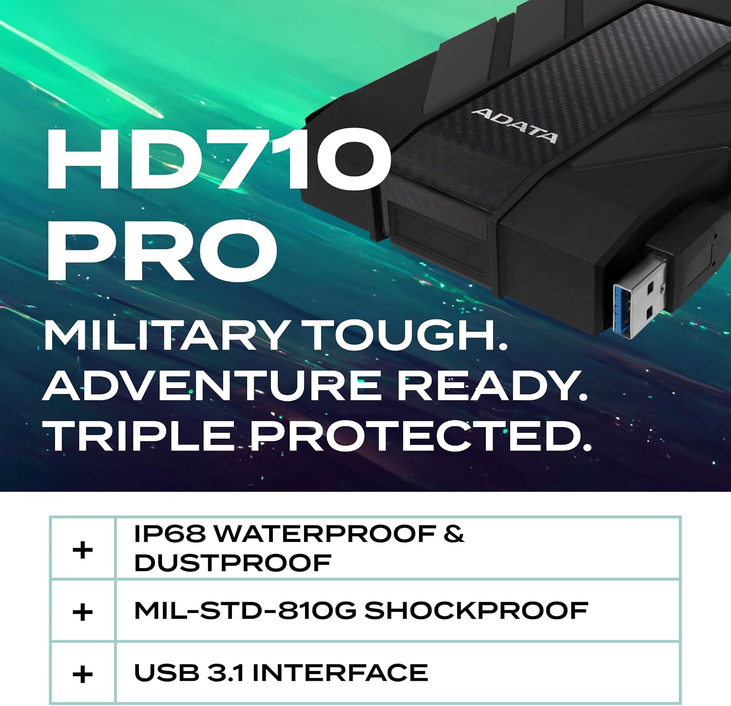 ADATA HD710 Pro - 4 TB External Hard Drive - Shockproof, Waterproof & Dustproof - Durable Storage - For Gamers, Students & Professionals - Mac, PC & Linux Compatible - Black - AHD710P-1TU31-CBK