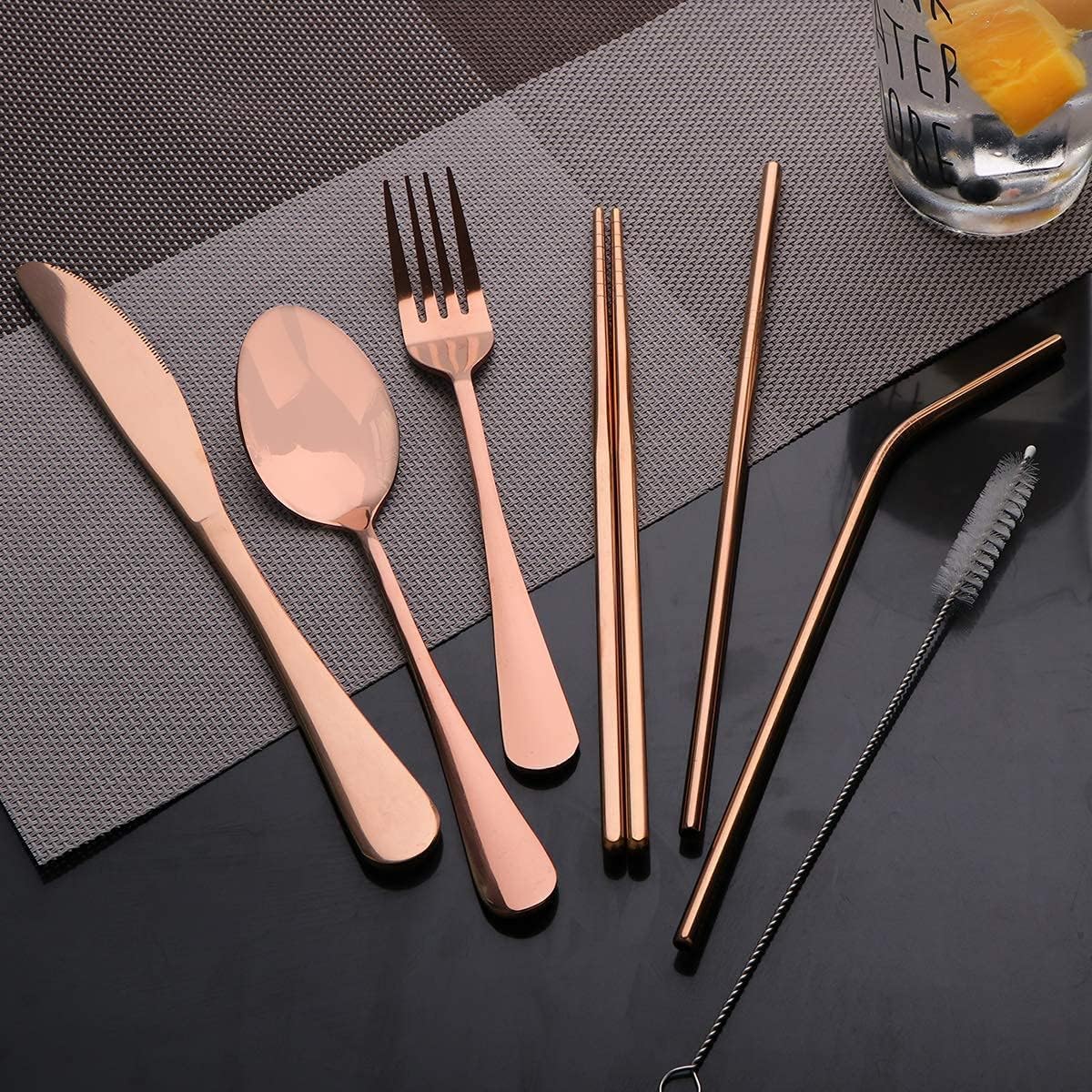 Travel Utensils Set with Case Reusable Portable Cutlery Set Stainless Steel 8pcs Including Dinner Knife Fork Spoon Chopsticks Straws(Rainbow)