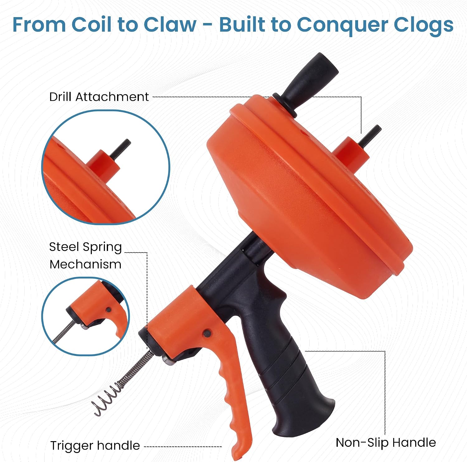 Drain Auger 50 Ft with Drill Attachment, Drain Snake Clog Remover Kit | Includes Gloves, Glasses, Brushes