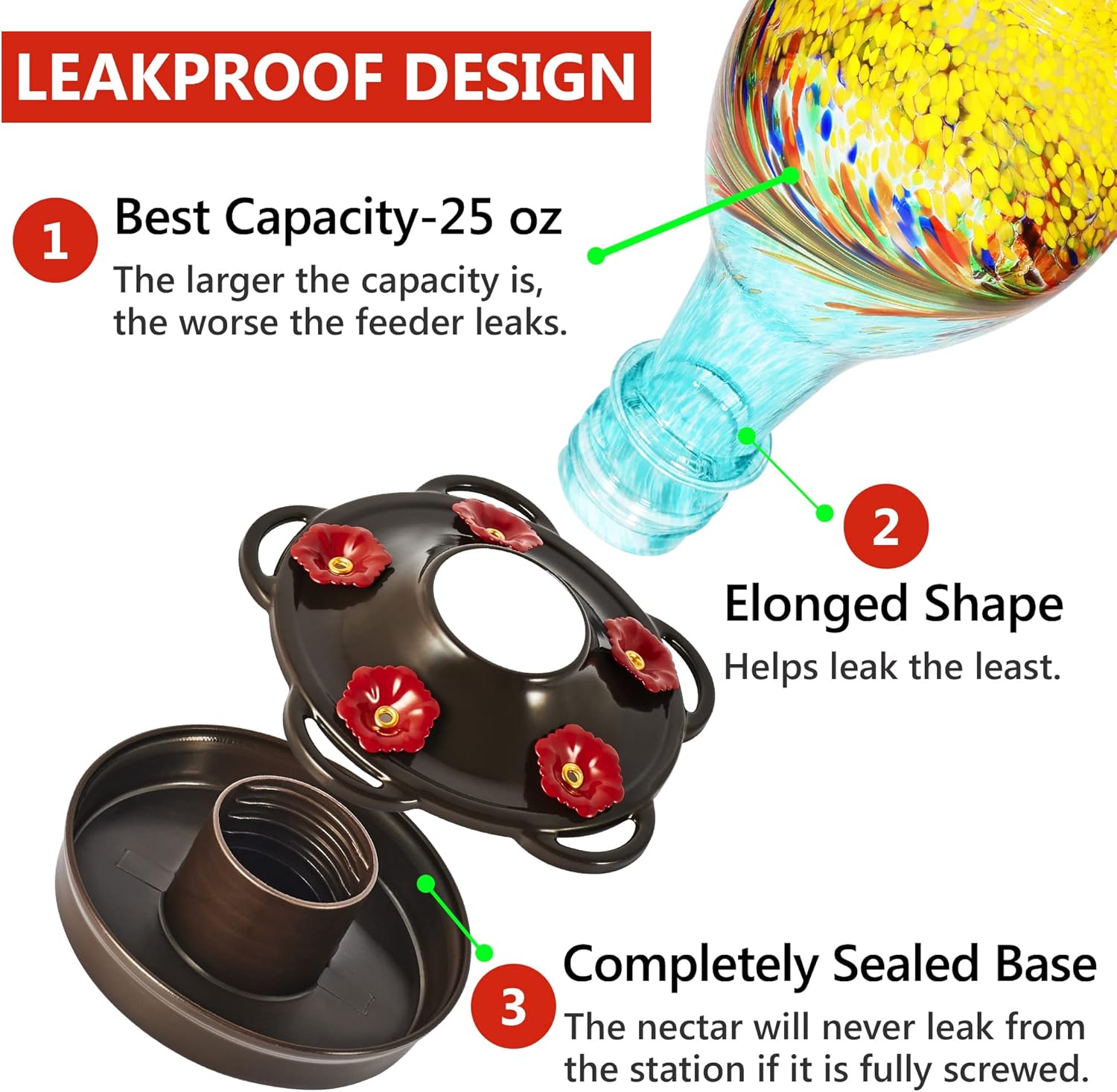 LUJII Hummingbird Feeder, Hand Blown Glass Hummingbird Feeder, Never Fade, 36 Fluid Ounces, 5 Feeding Metal Stations, Much Bigger, Garden Backyard Decorative, Containing Ant Moat (Blue)