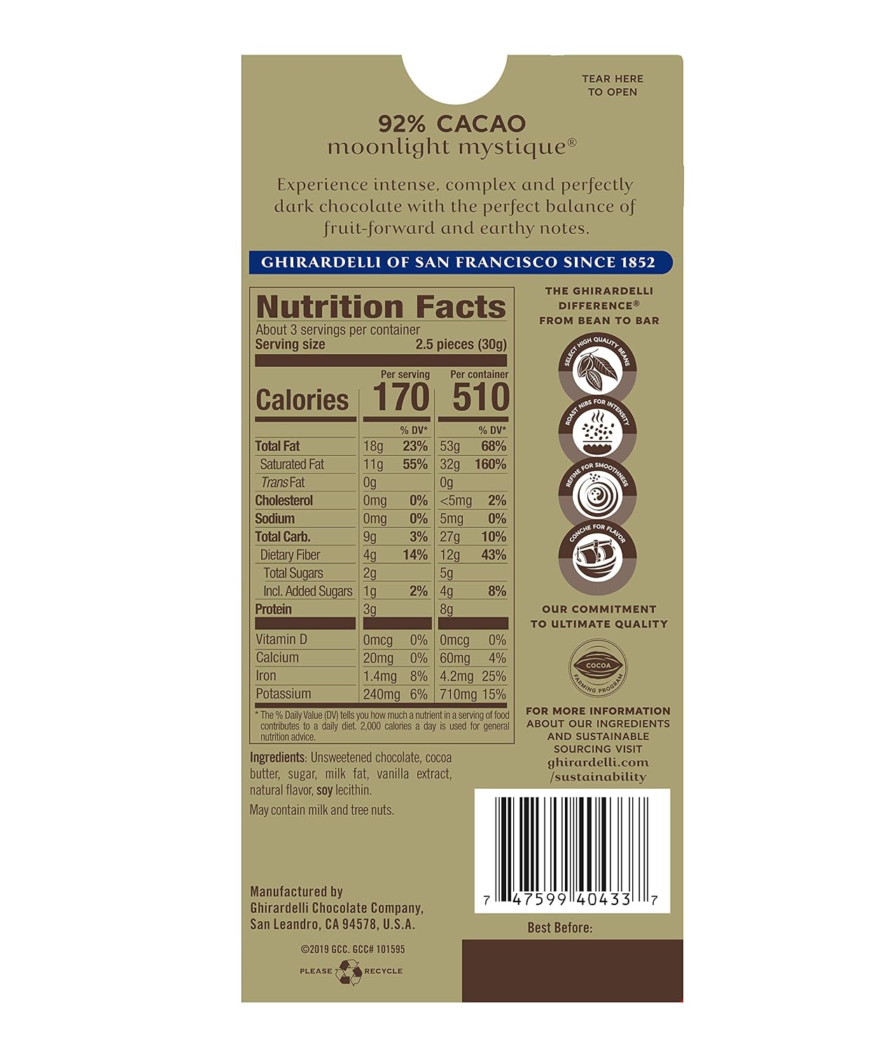 Ghirardelli, Intense Dark Chocolate Bar, 72% Cacao, Bar, 3.5 Ounce